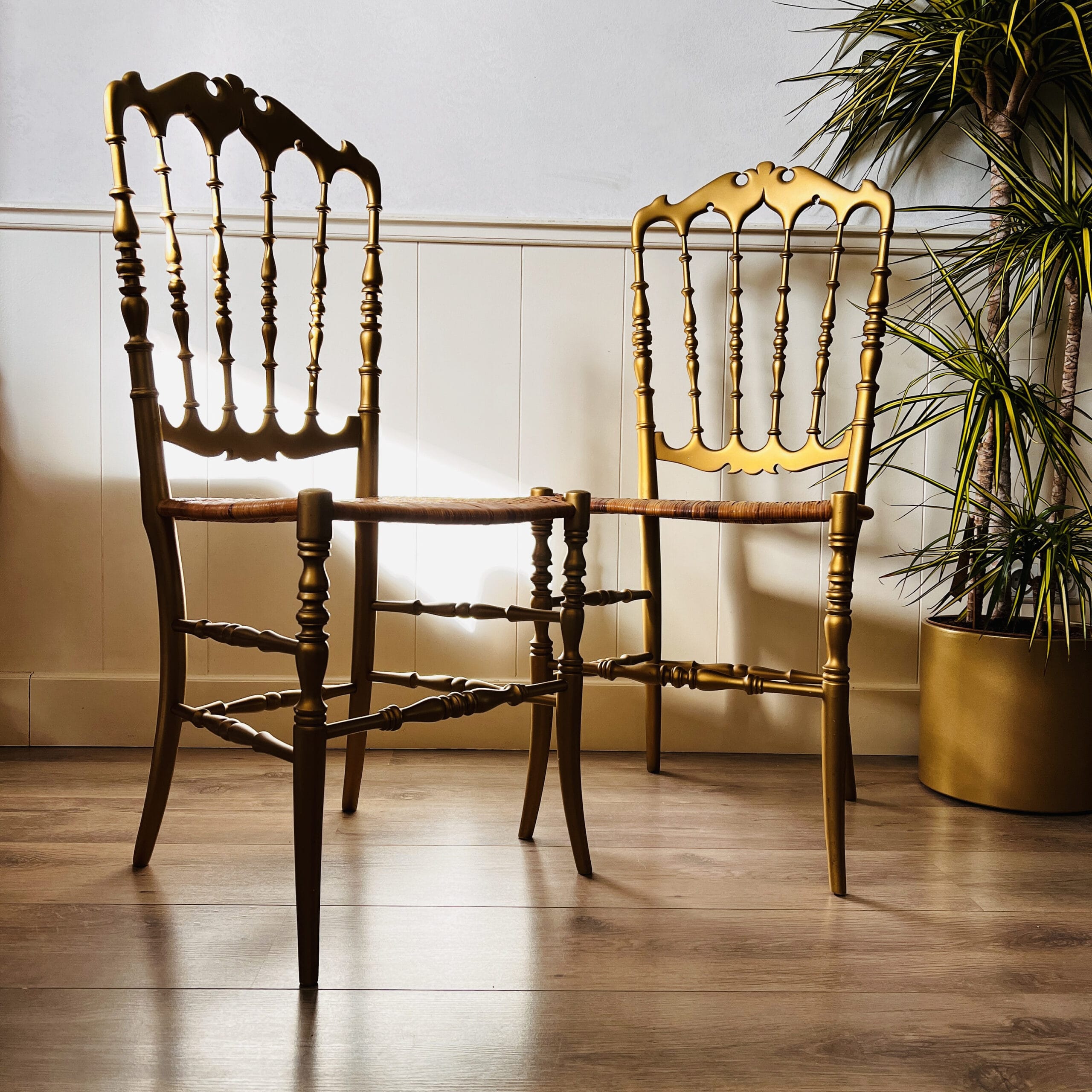 Pair of Gold Wood Chiavari-Style Chairs, Mid-Century Italian Event Seating, 1960s Dining Room Accent Set with Patina Charm