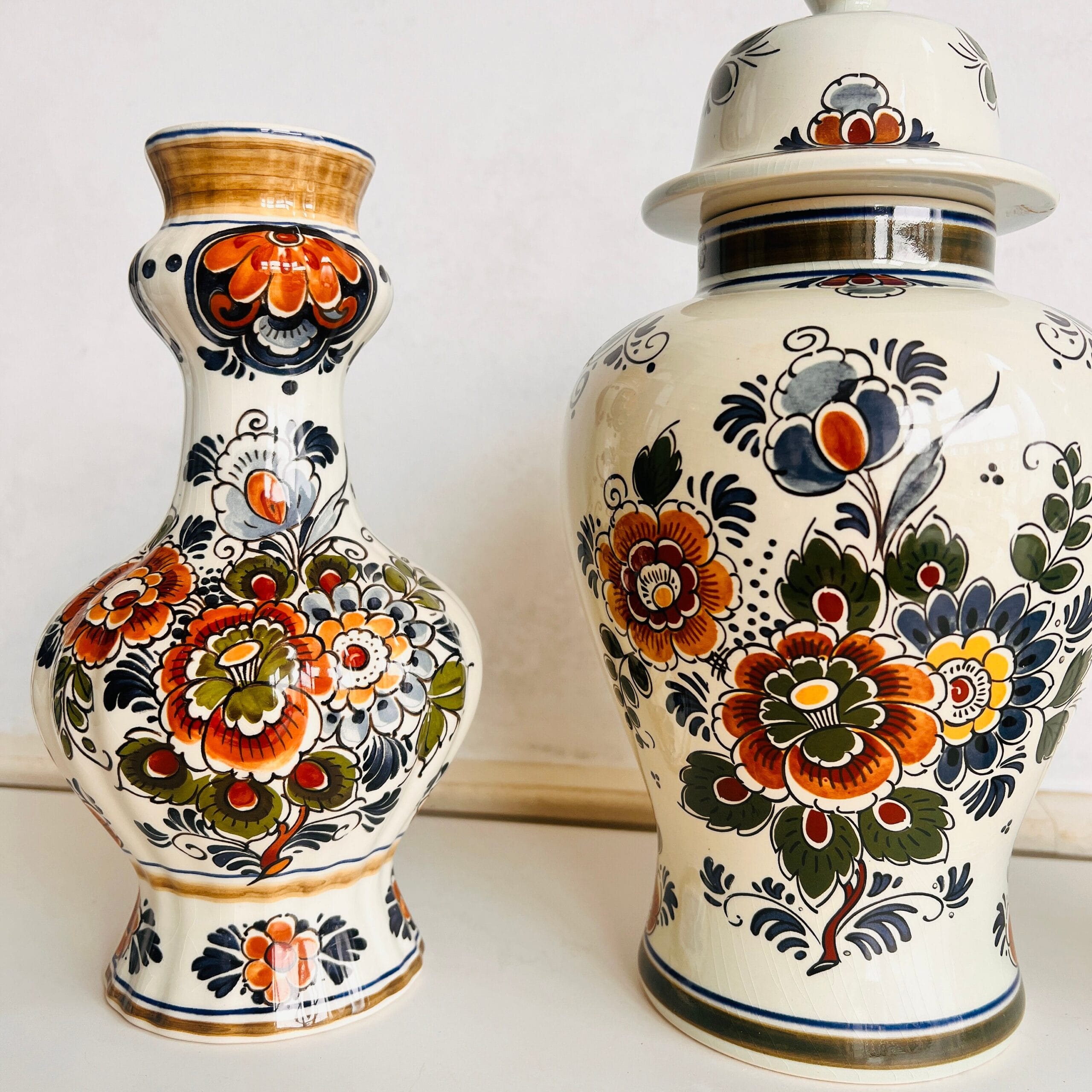 Ceramic Delft Polychrome Ginger Jar Trio with Lidded Urn Vase - Hand Painted Holland Set - Colorful Vintage Home Decor Accent