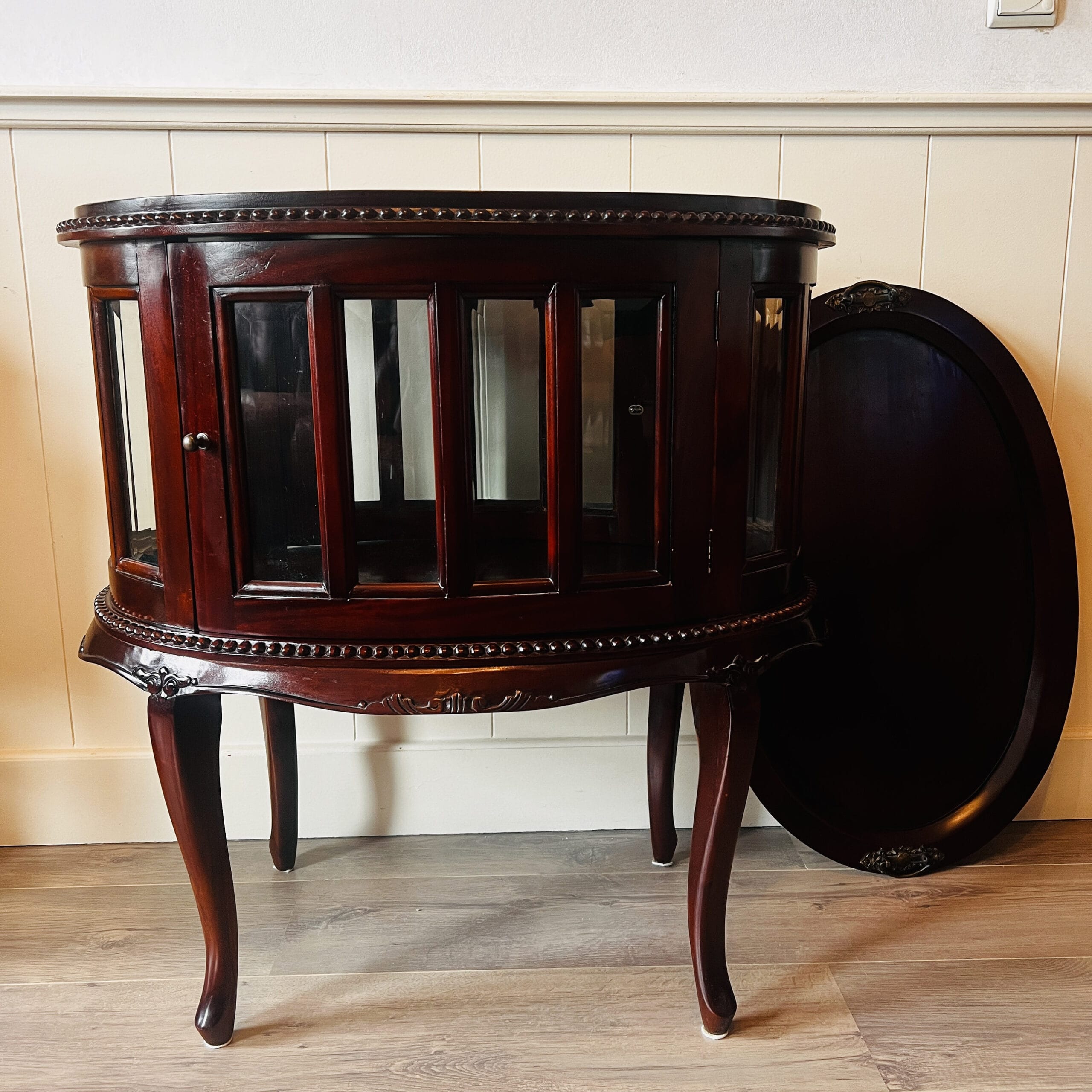 Mahogany Wood Tea Cabinet with Oval Tray Top, Beveled Glass Doors, Vintage Display Table or Sideboard Storage Piece