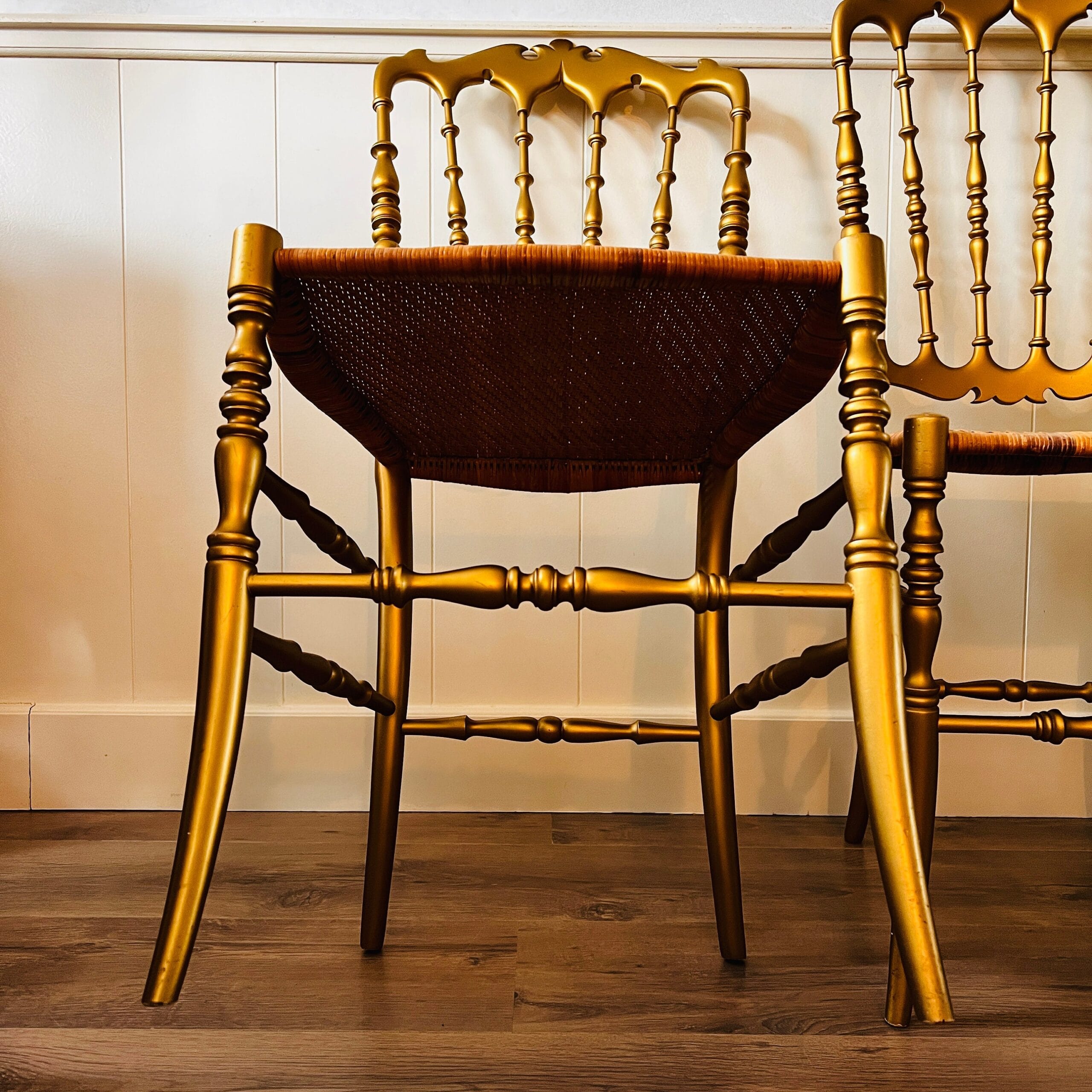 Pair of Gold Wood Chiavari-Style Chairs, Mid-Century Italian Event Seating, 1960s Dining Room Accent Set with Patina Charm