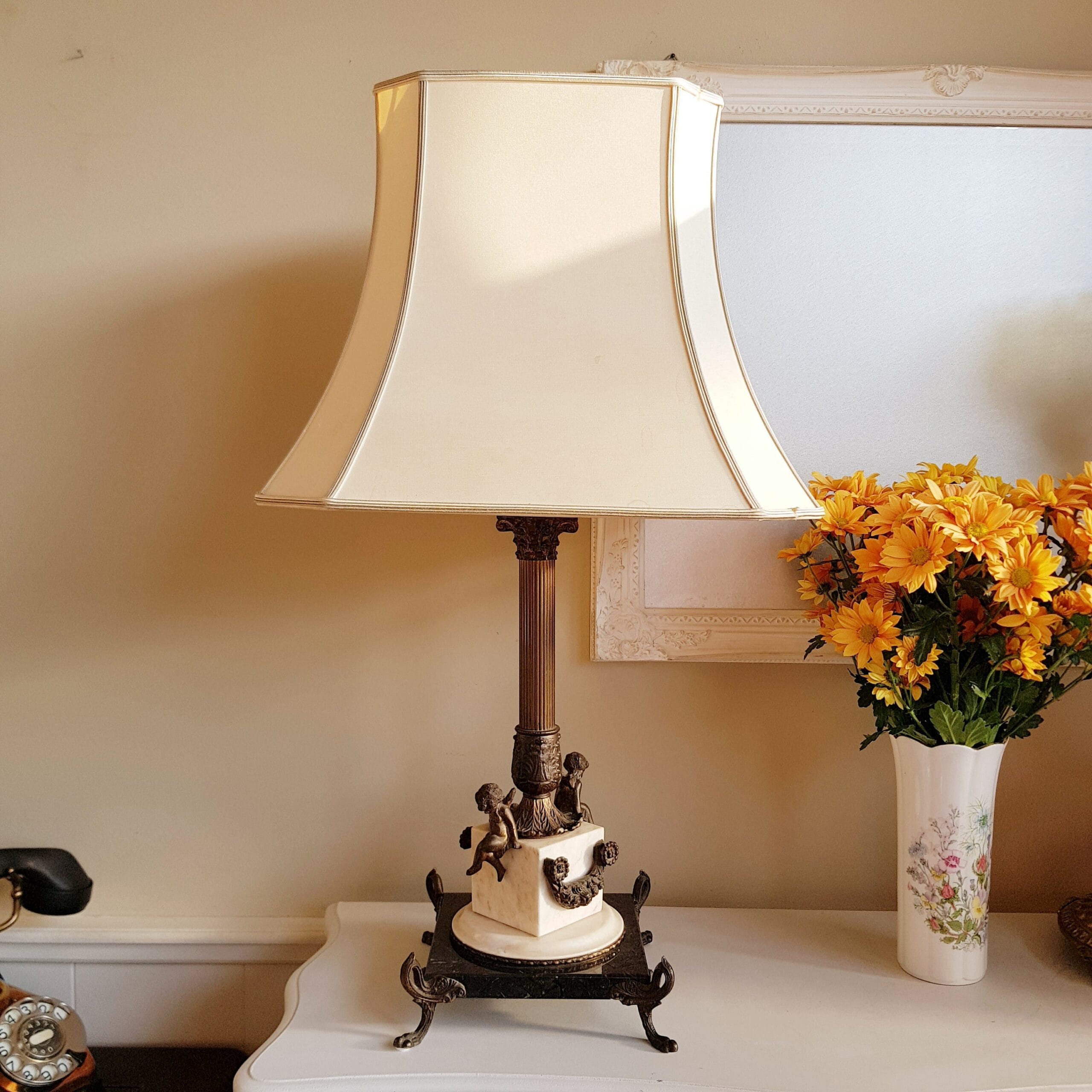 Bronze and Marble Cherub Table Lamp, French Empire Style Column Light, 19th Century Home Lighting, Ornate Bedside Accent