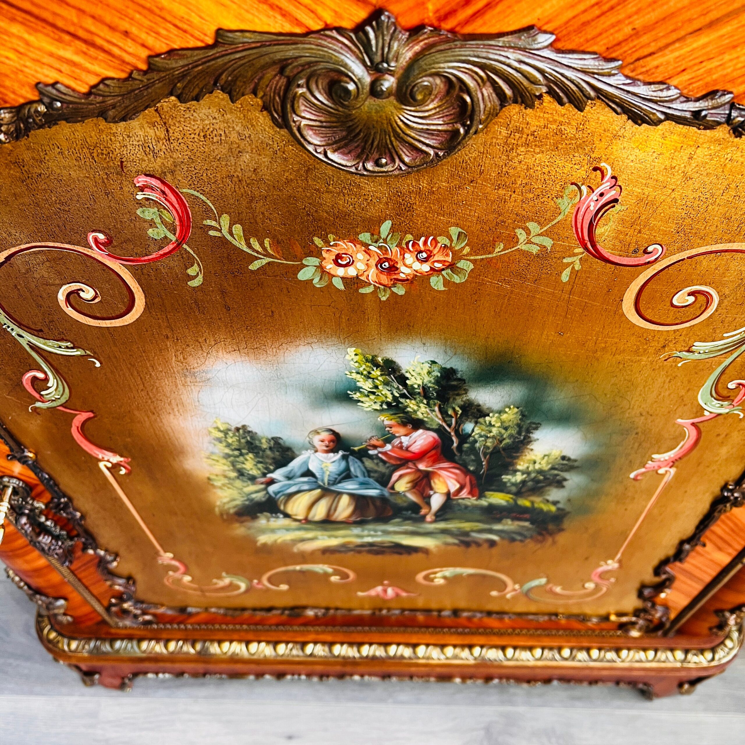 Hand-Painted Wood Cabinet with Brass Floral Details, French Country Storage, Shabby Chic Cottagecore Furniture, Signed C. Gilberto