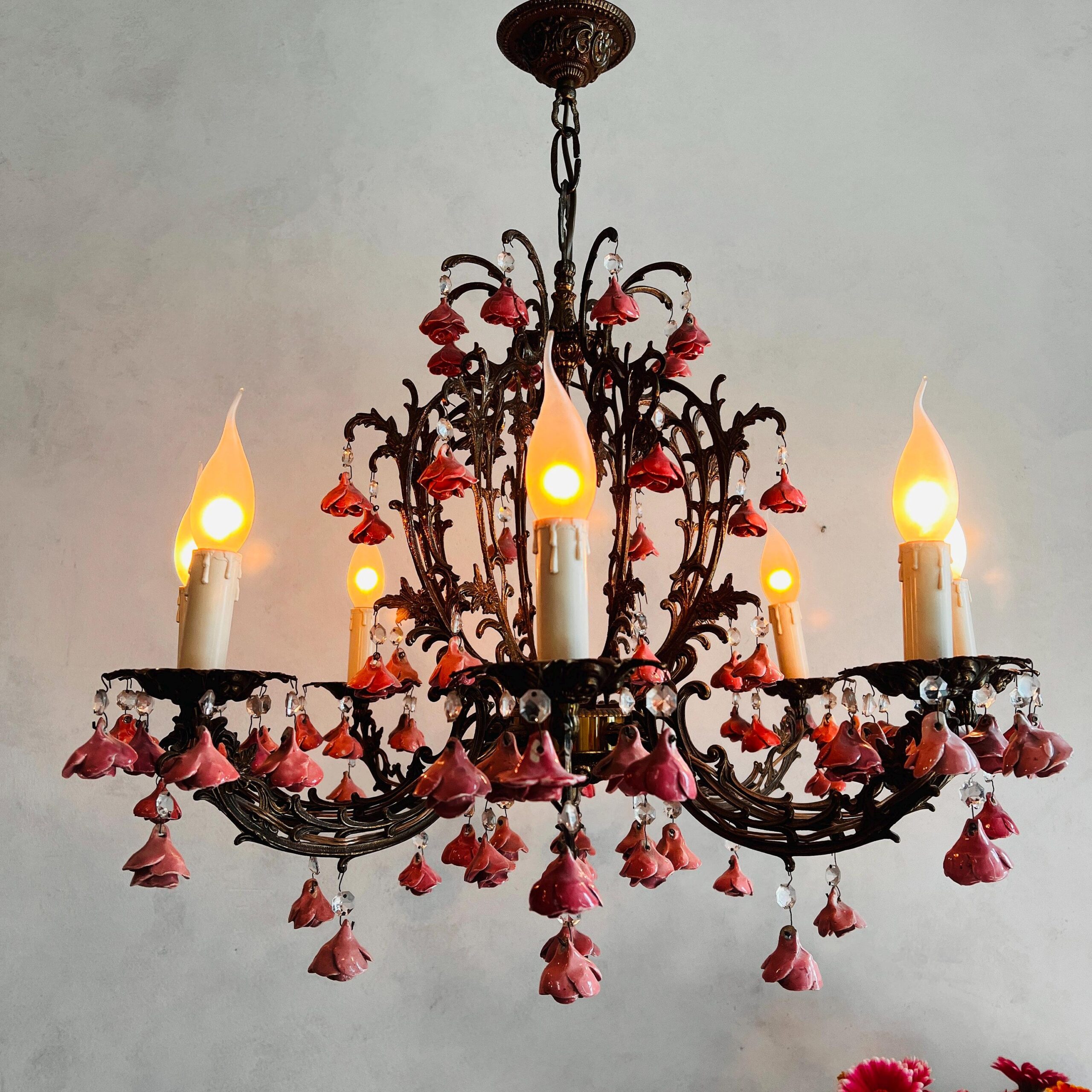 Eight Light Toleware Floral Chandelier with Pink Roses, French Country Cottage Style Ceiling Fixture, Romantic Vintage Lighting