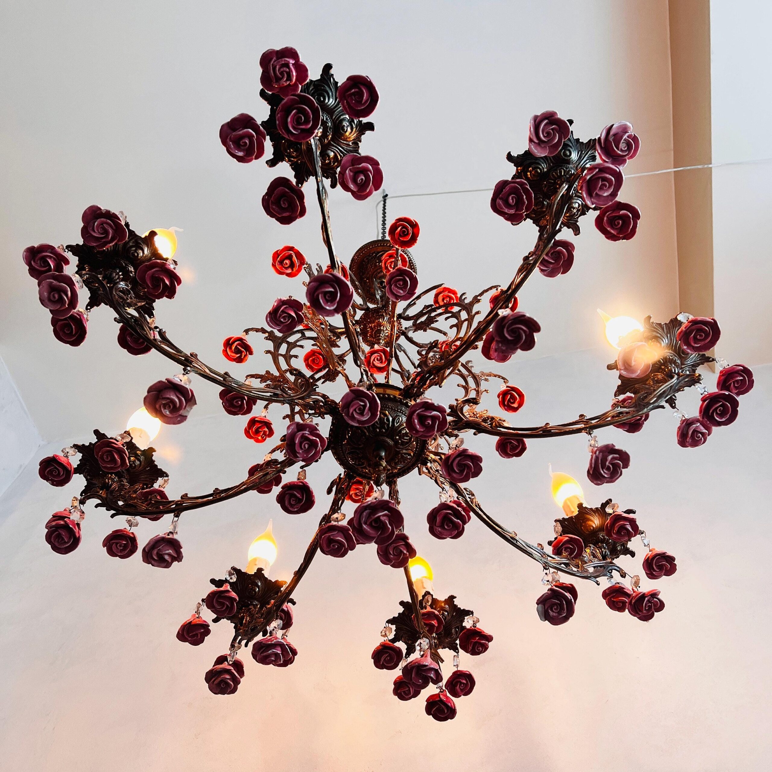 Eight Light Toleware Floral Chandelier with Pink Roses, French Country Cottage Style Ceiling Fixture, Romantic Vintage Lighting