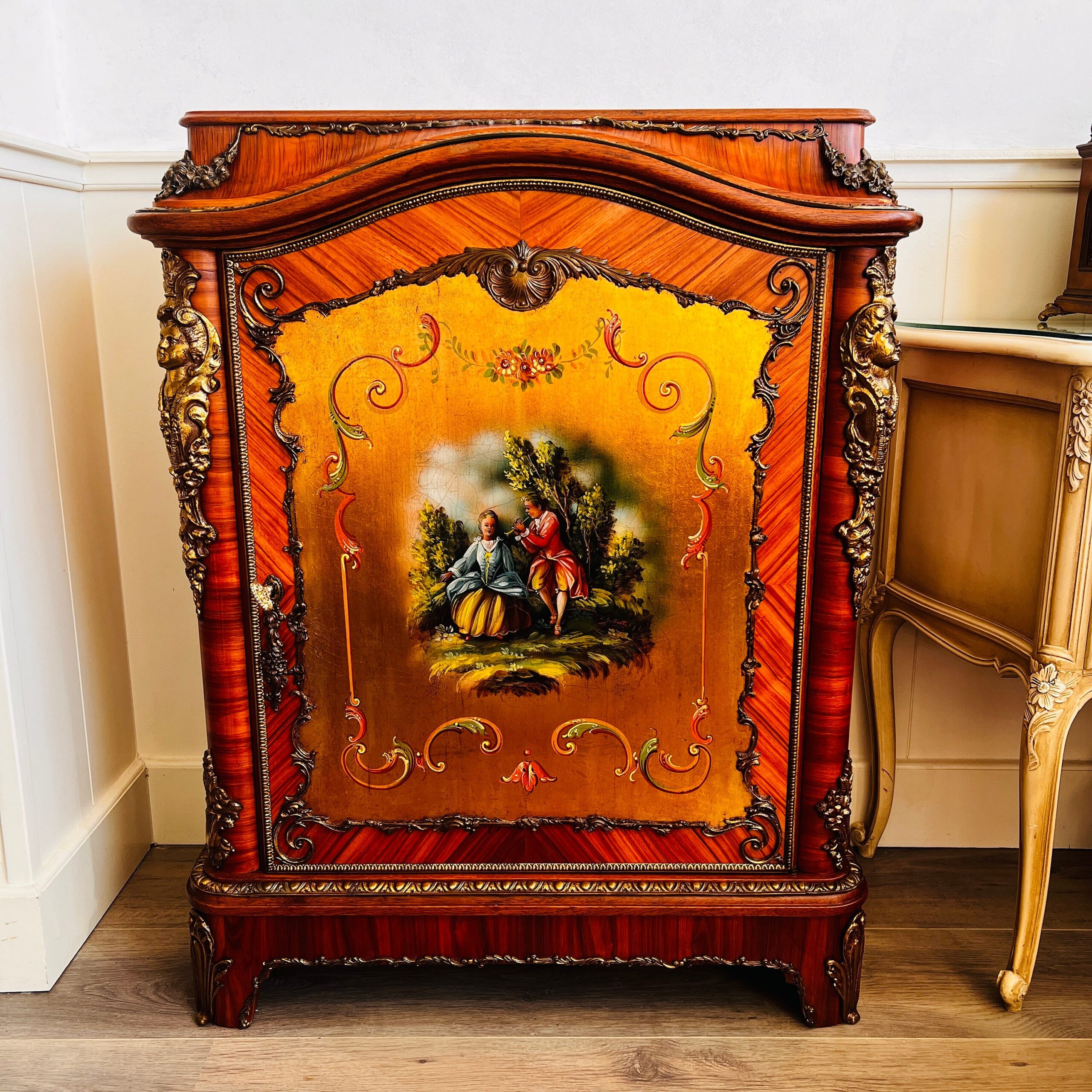 Hand-Painted Wood Cabinet with Brass Floral Details, French Country Storage, Shabby Chic Cottagecore Furniture, Signed C. Gilberto