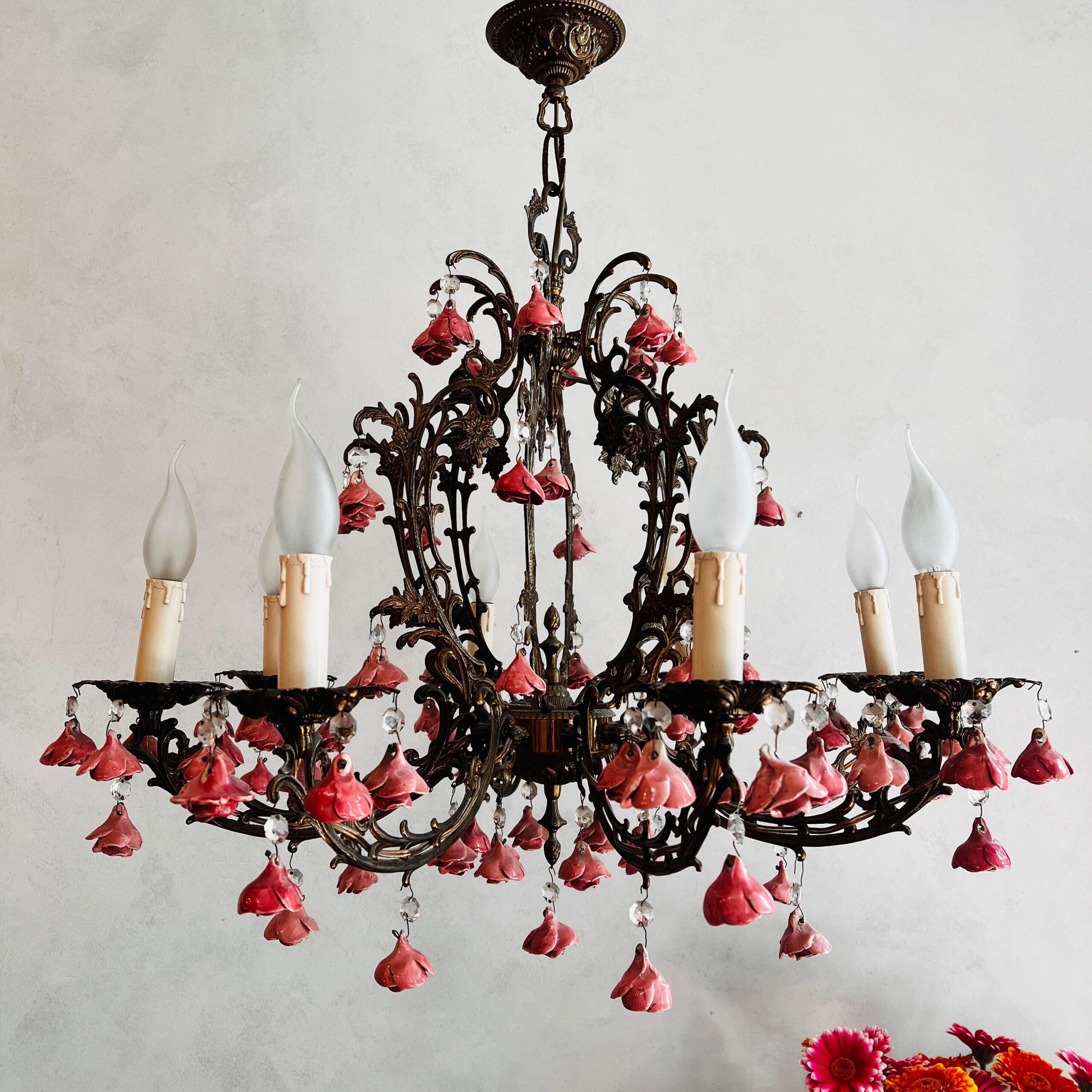 Eight Light Toleware Floral Chandelier with Pink Roses, French Country Cottage Style Ceiling Fixture, Romantic Vintage Lighting