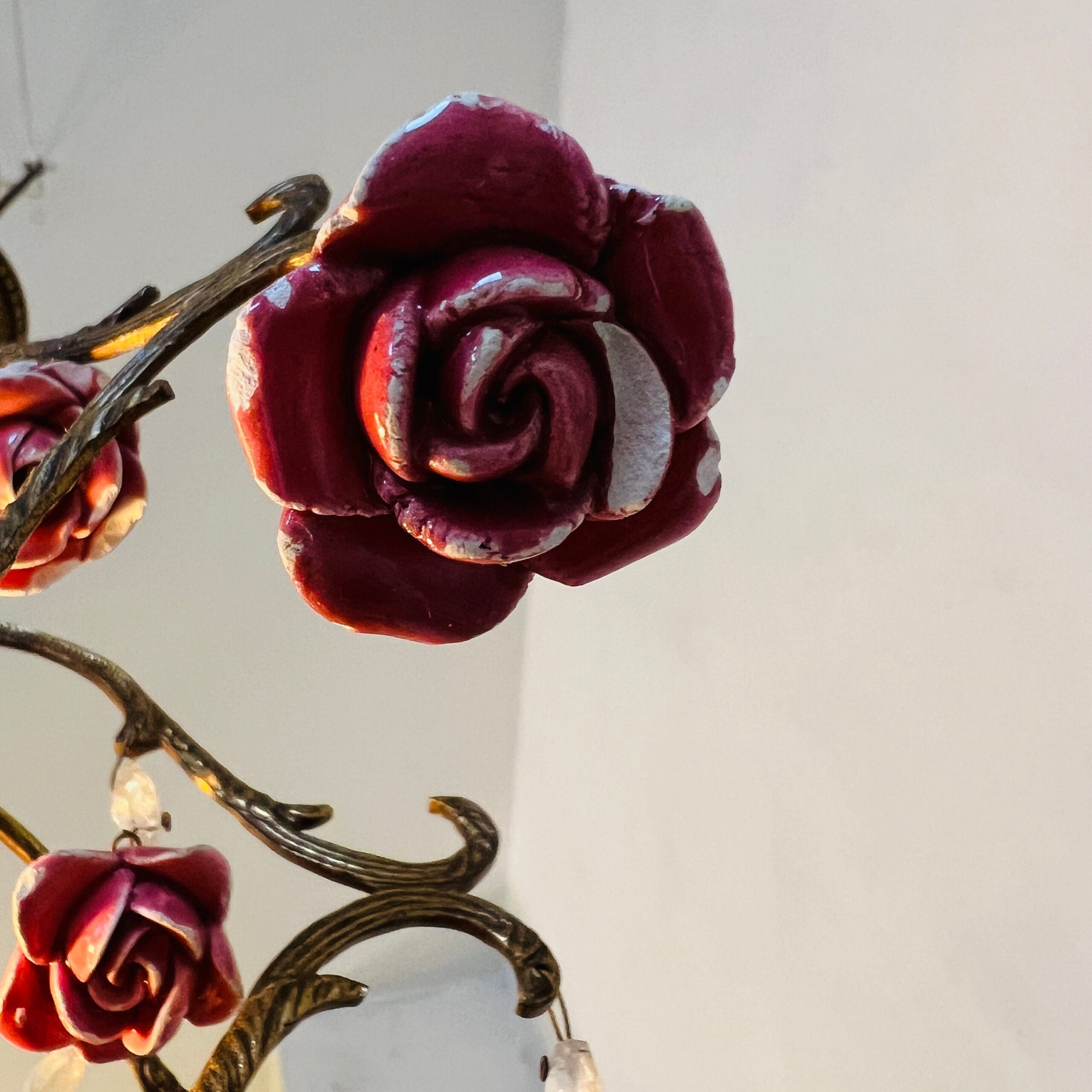 Vintage Porcelain Chandelier, Small Pink Roses, Home Lighting