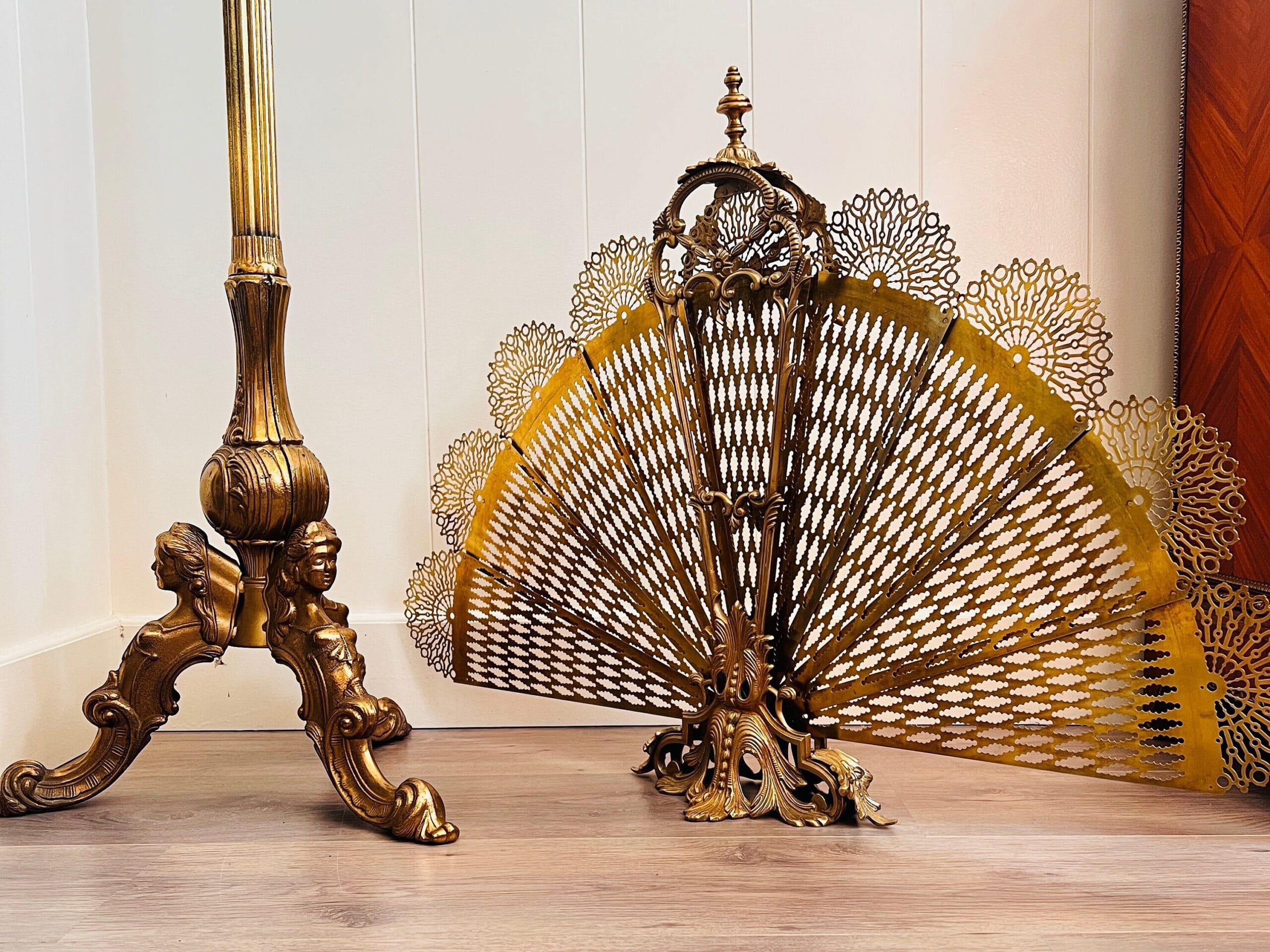 French Brass Folding Fan Fireplace Screen with Ornate Base - Early 20th Century Victorian Fire Decor Accent