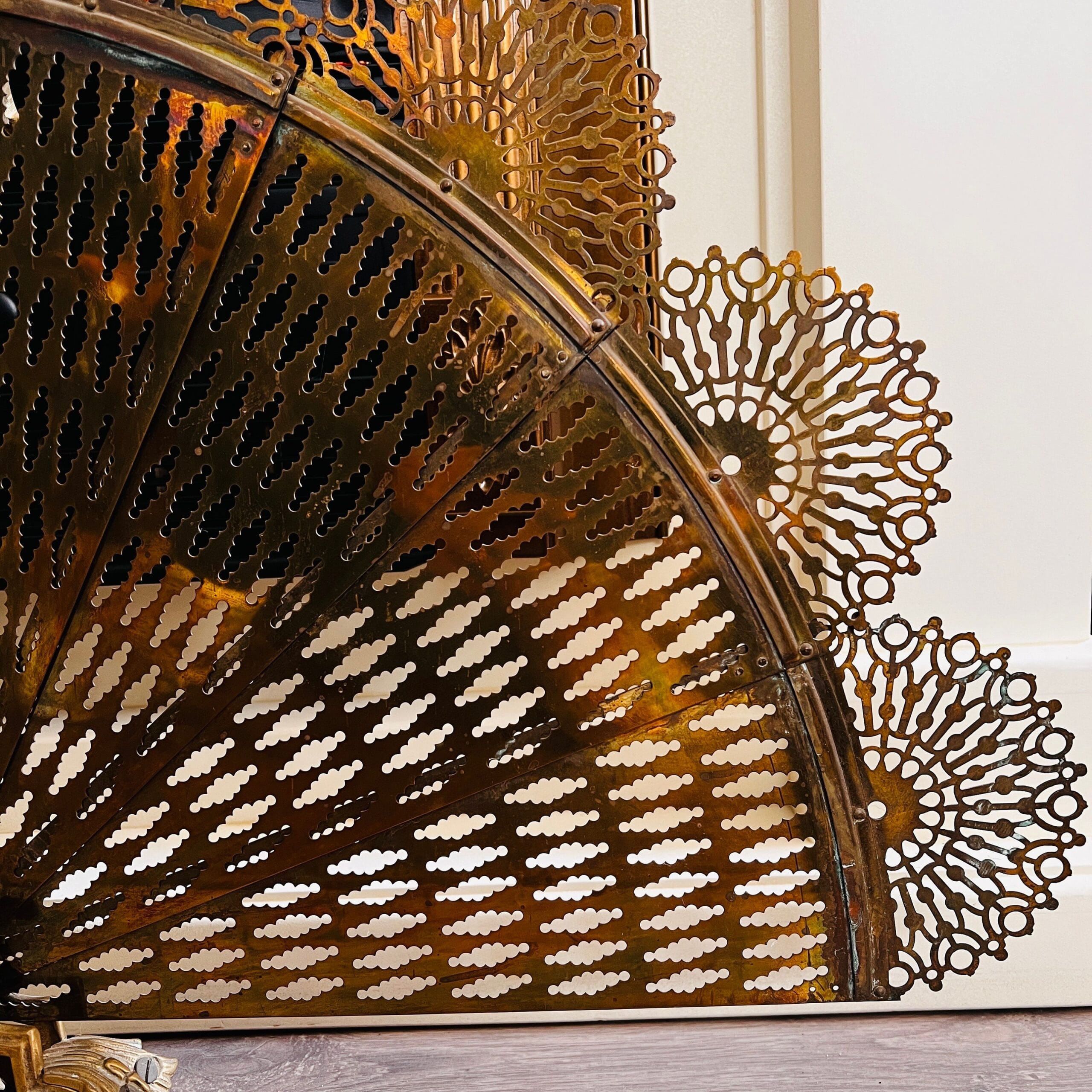 French Brass Folding Fan Fireplace Screen with Ornate Base - Early 20th Century Victorian Fire Decor Accent