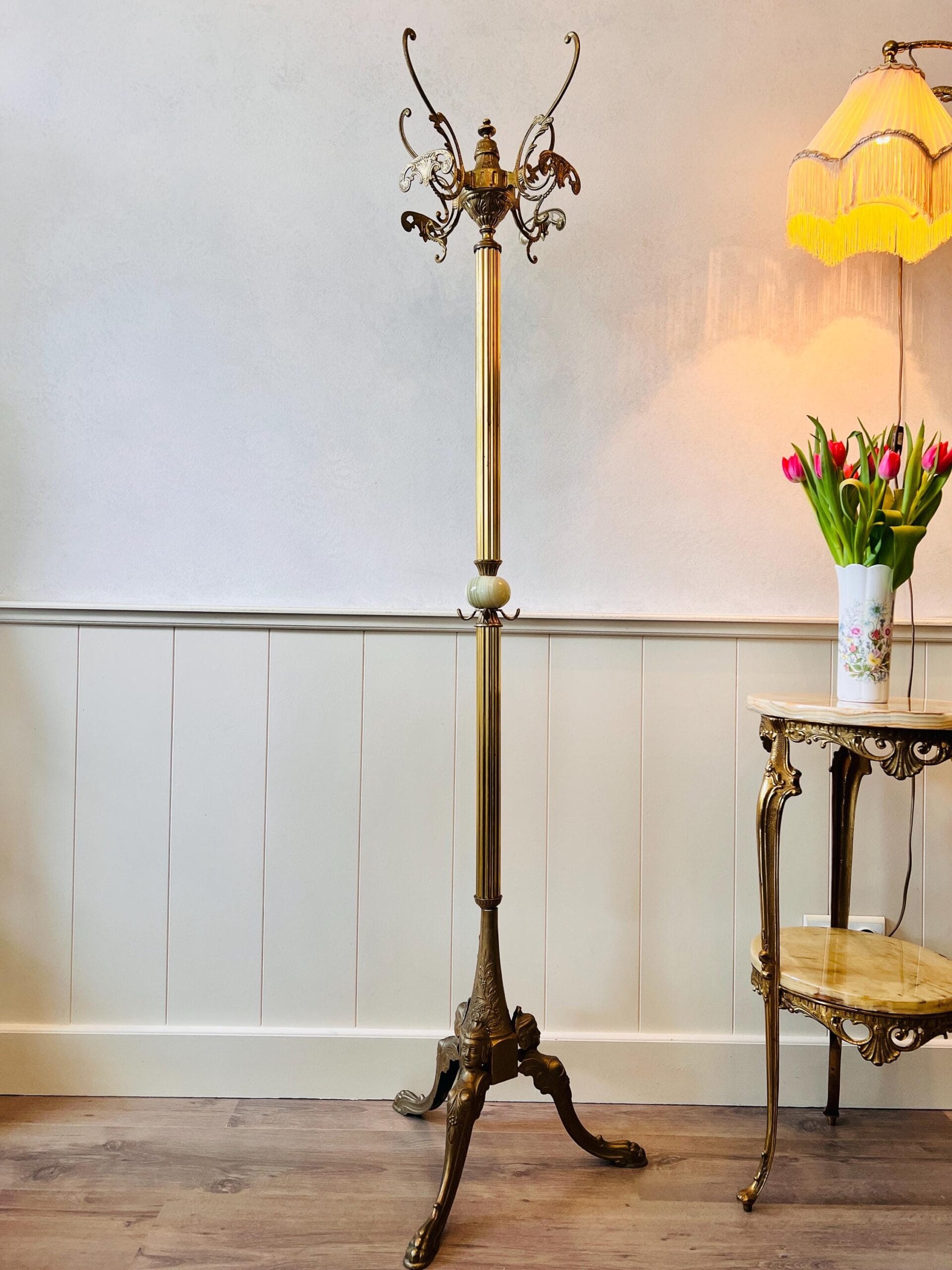 Brass and Marble Coat Rack with 4 Hooks, 60s Italian Hallway Stand, Hollywood Regency Entryway Accent Furniture