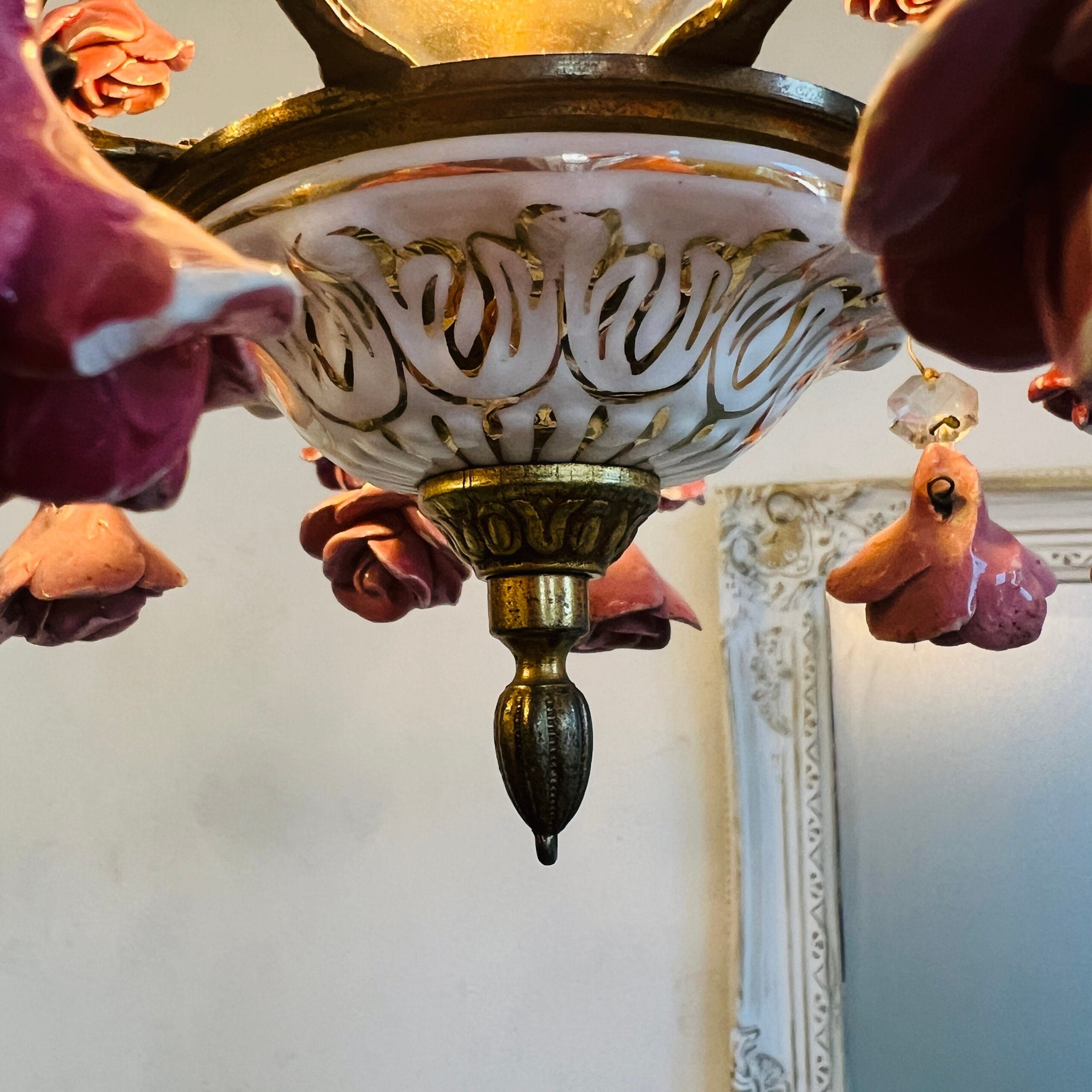 Vintage Porcelain Chandelier, Small Pink Roses, Home Lighting