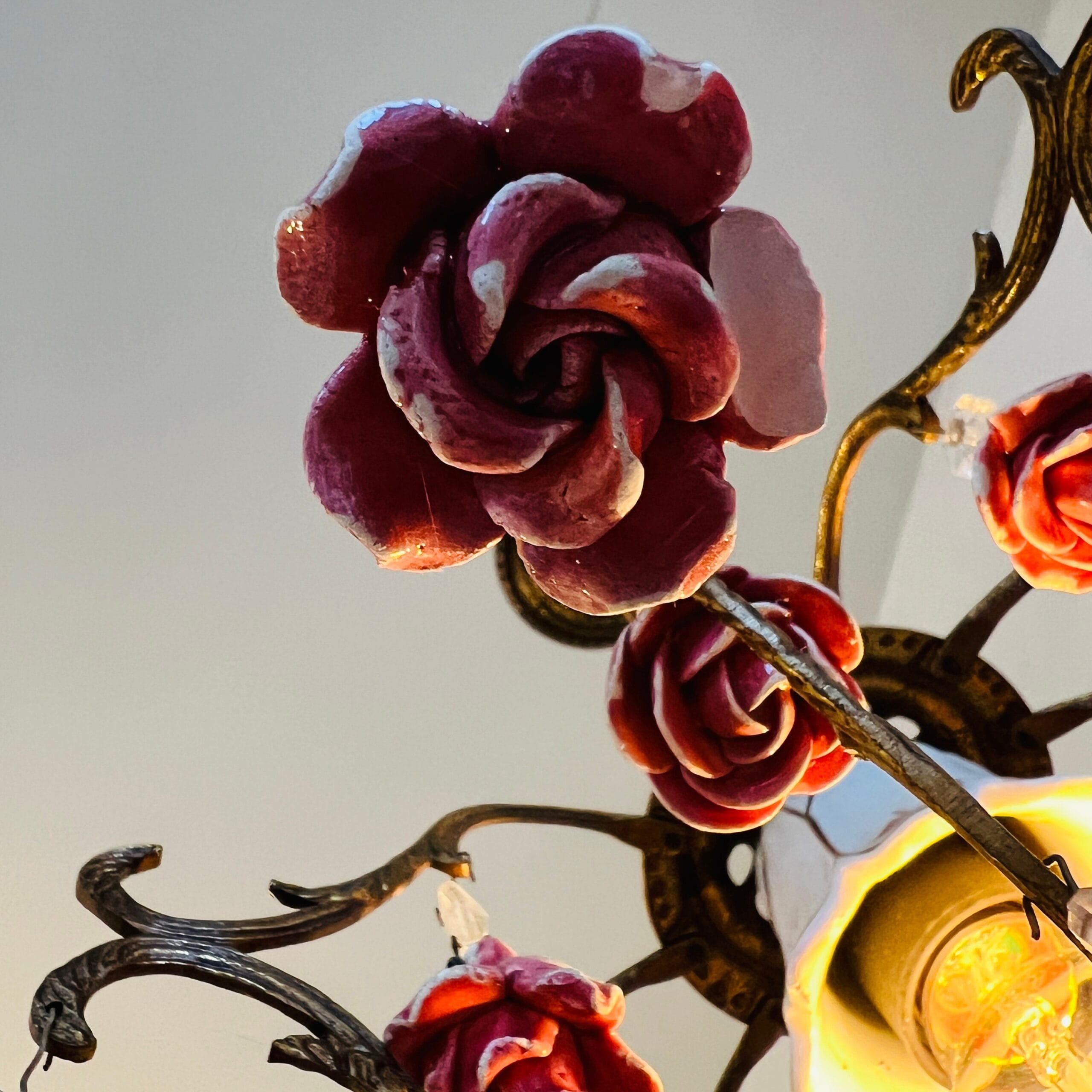 Vintage Porcelain Chandelier, Small Pink Roses, Home Lighting