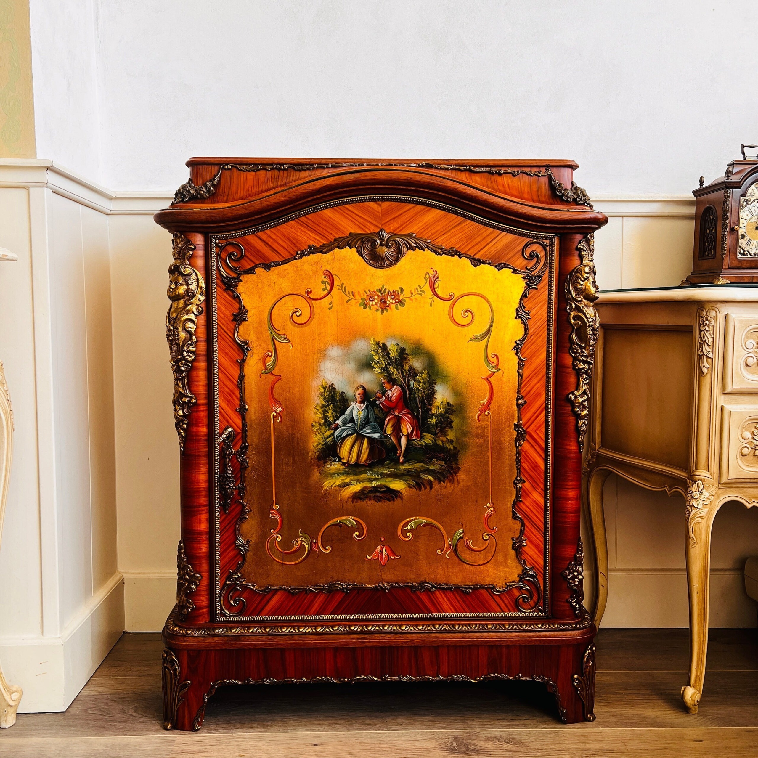 Hand-Painted Wood Cabinet with Brass Floral Details, French Country Storage, Shabby Chic Cottagecore Furniture, Signed C. Gilberto