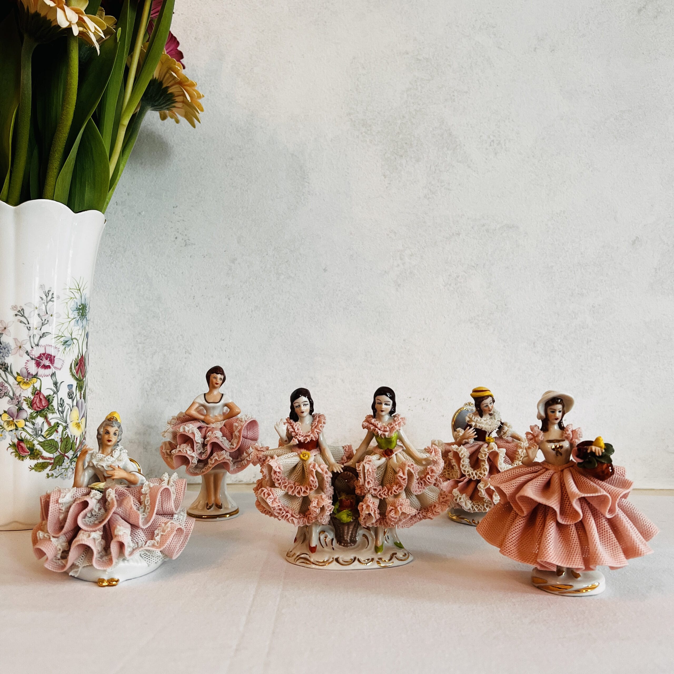 Porcelain Ballerina Figurine with Dresden Lace, Victorian Style Vanity Decor, Made in Germany, Collectible Gift Display Piece