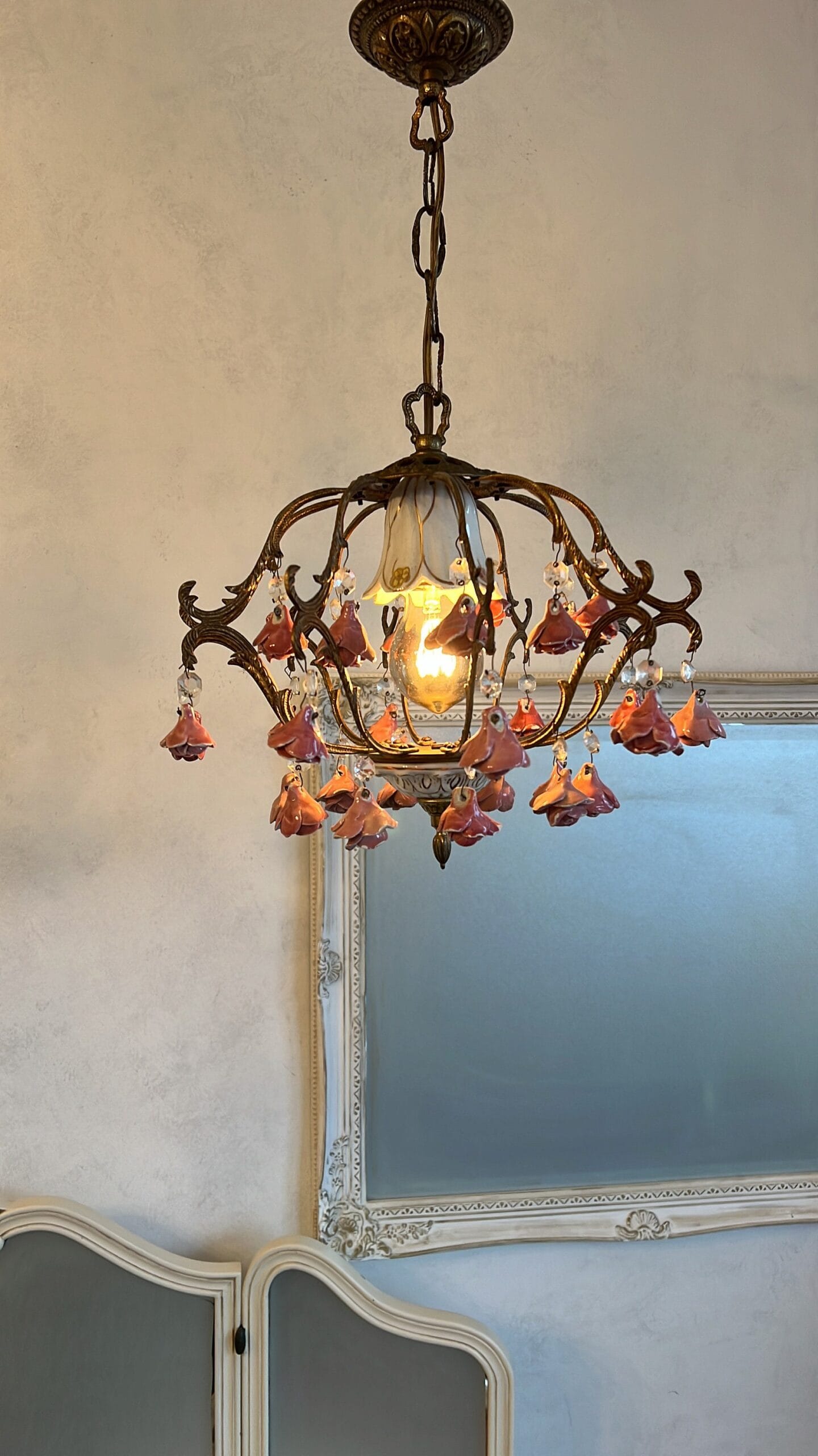 Vintage Porcelain Chandelier, Small Pink Roses, Home Lighting