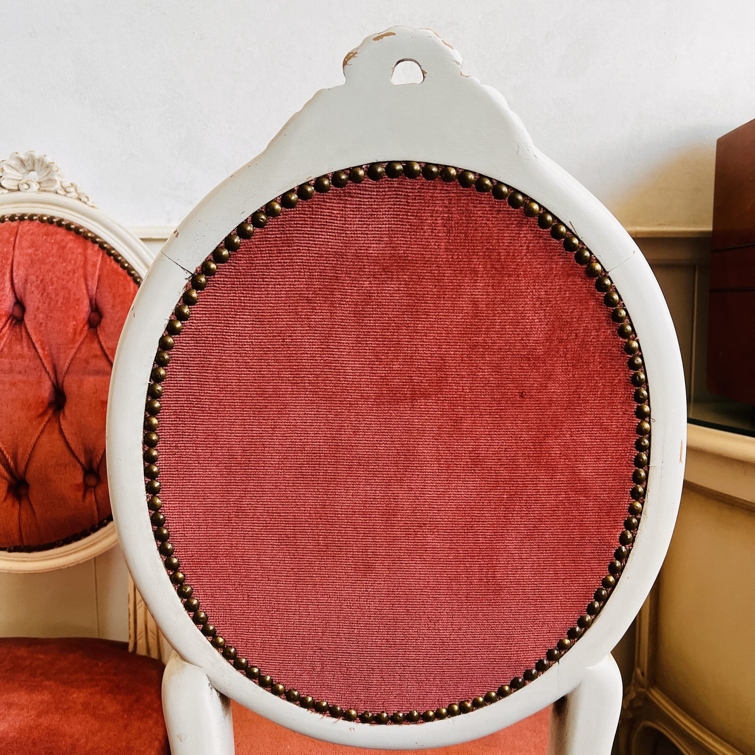 Pair of Wood Vanity Chairs with Pink Velvet, Louis XV Style Carved Bedroom Seating, Romantic 1960s French Provincial Accent