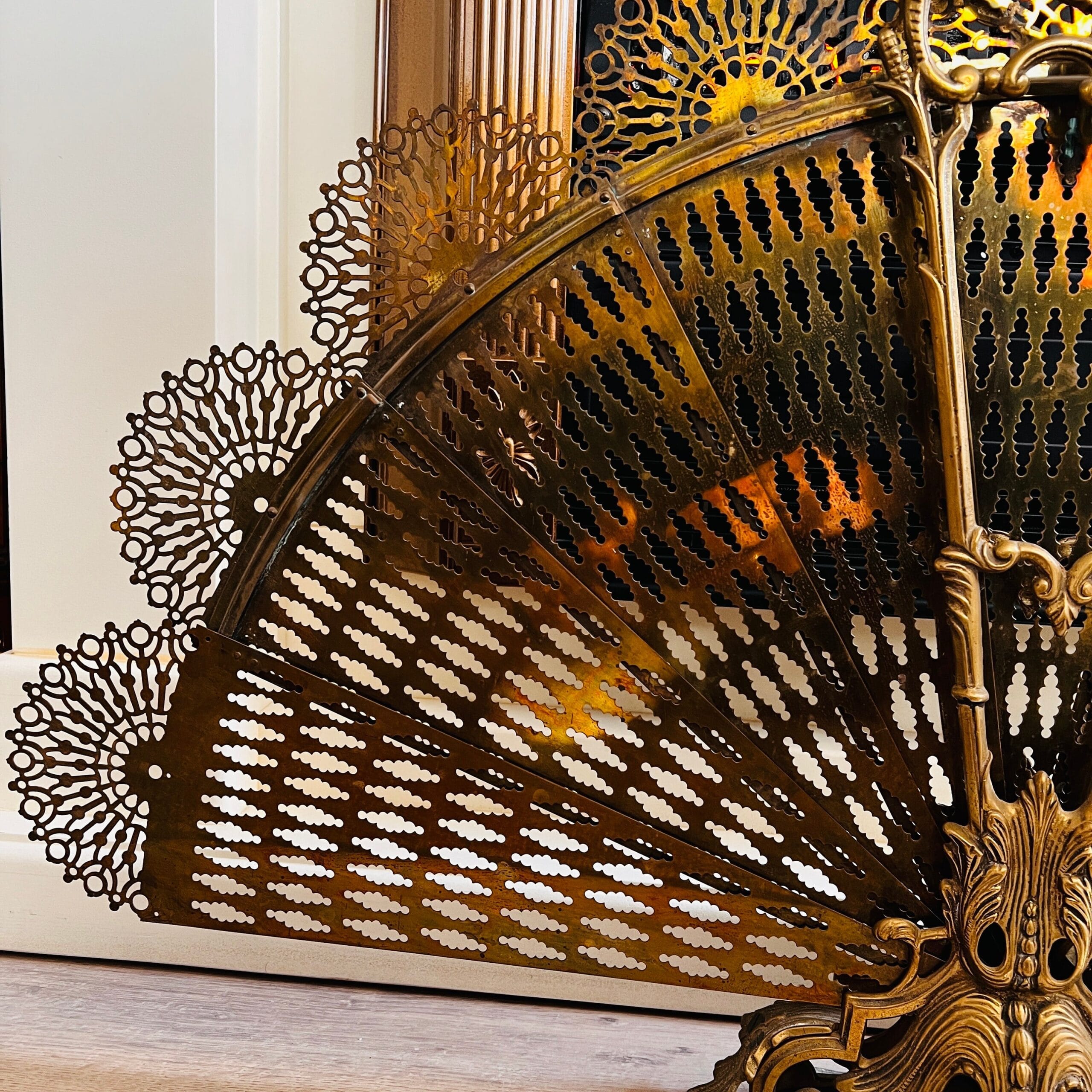 French Brass Folding Fan Fireplace Screen with Ornate Base - Early 20th Century Victorian Fire Decor Accent