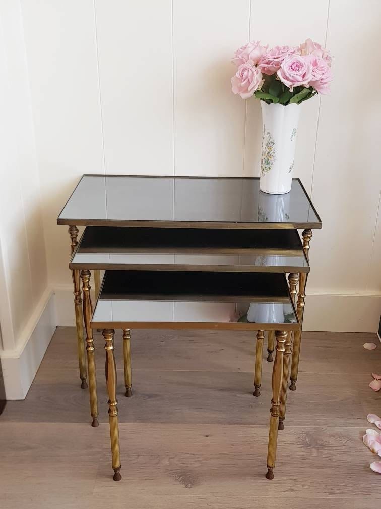 Brass and Smoked Glass Nesting Tables, Mid Century Hollywood Regency Side Tables, Set of 3 Mirrored Coffee Tables