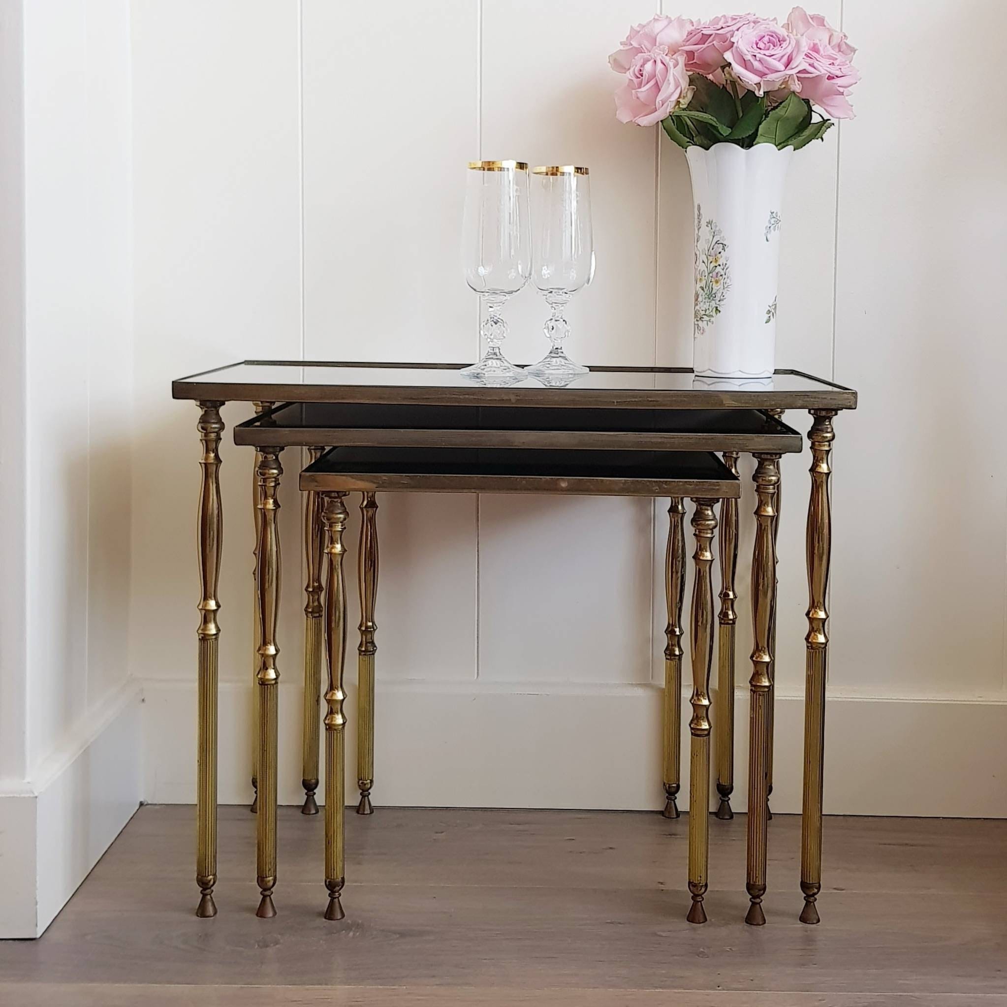 Brass and Smoked Glass Nesting Tables, Mid Century Hollywood Regency Side Tables, Set of 3 Mirrored Coffee Tables