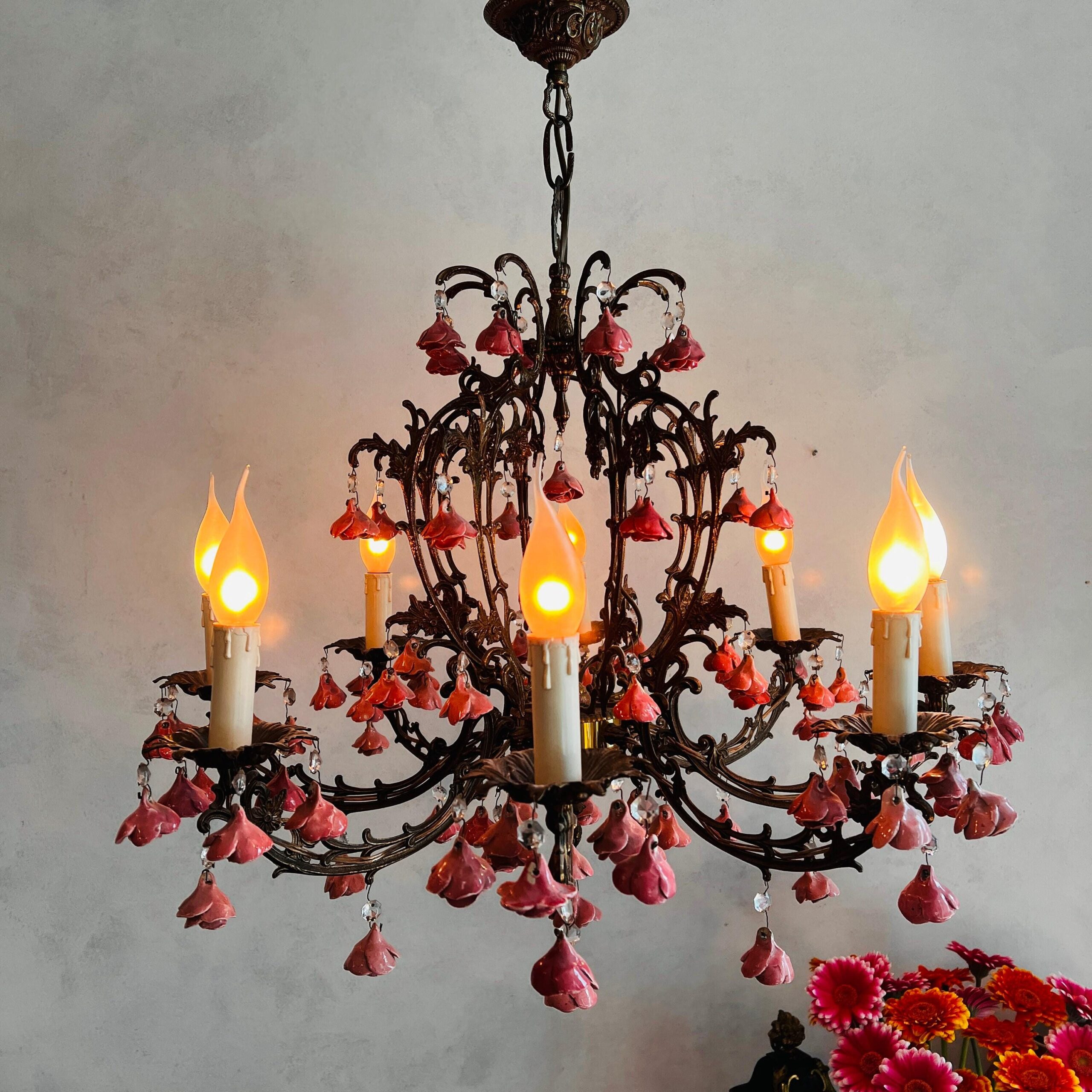 Eight Light Toleware Floral Chandelier with Pink Roses, French Country Cottage Style Ceiling Fixture, Romantic Vintage Lighting