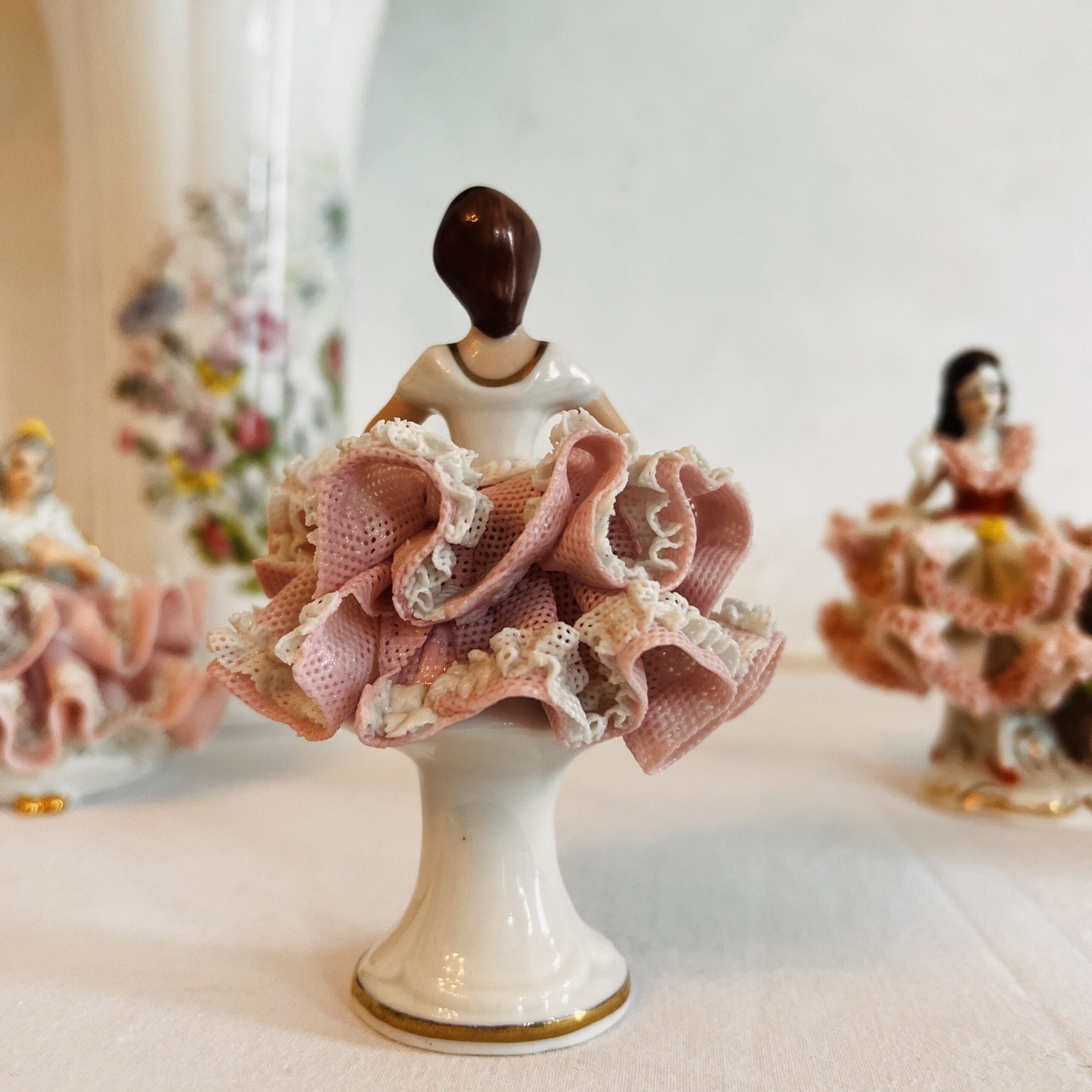 Porcelain Ballerina Figurine with Dresden Lace, Victorian Style Vanity Decor, Made in Germany, Collectible Gift Display Piece