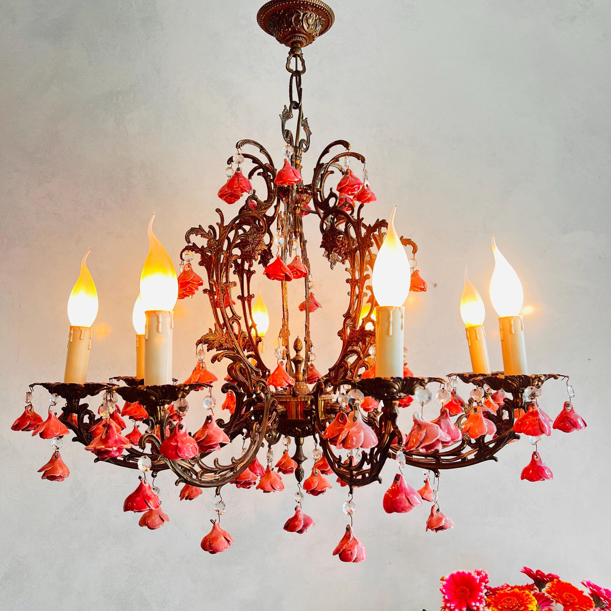 Eight Light Toleware Floral Chandelier with Pink Roses, French Country Cottage Style Ceiling Fixture, Romantic Vintage Lighting