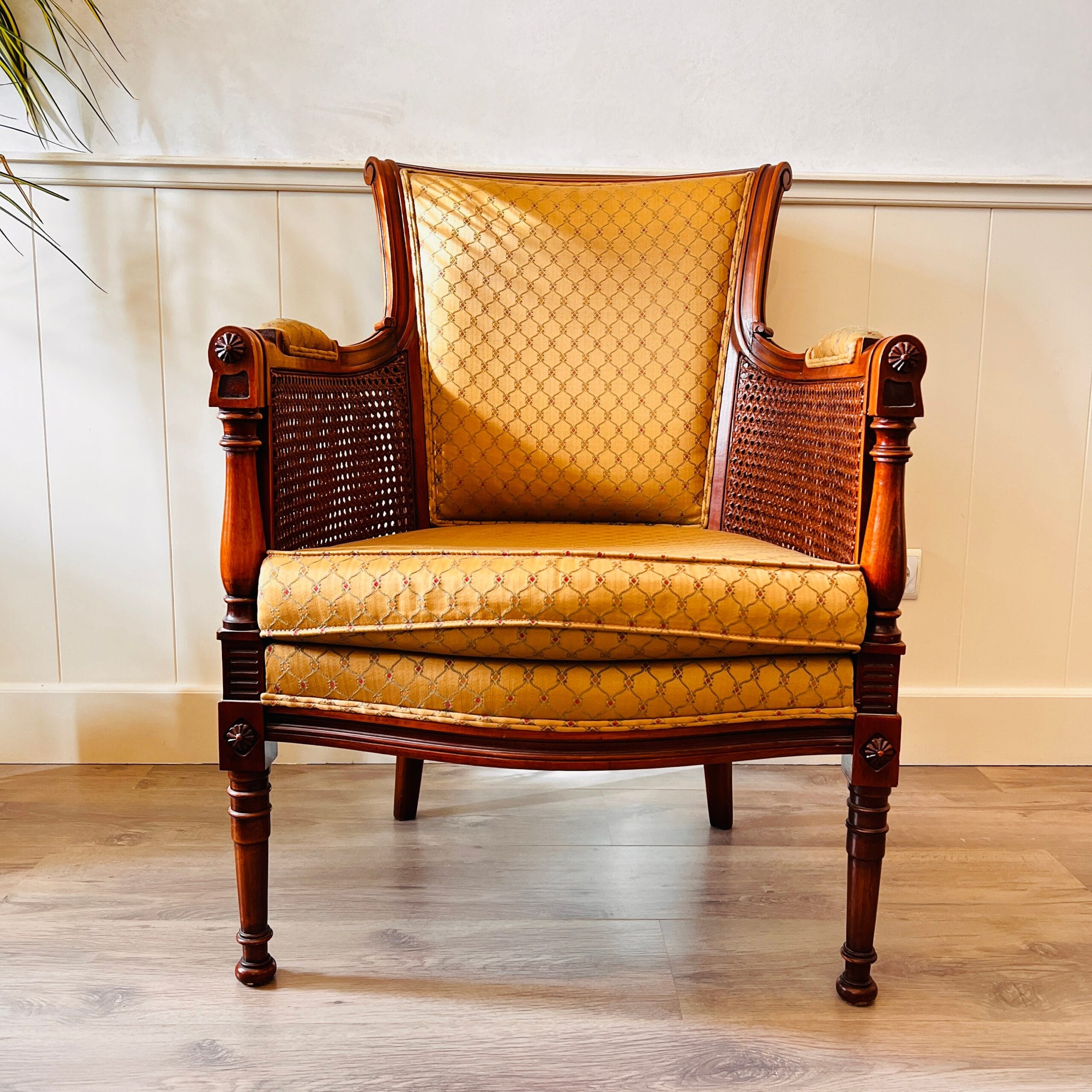 French Louis XVI cane and wood bergère chairs, elegant armchairs with wraparound arms, vintage pair for curated living spaces