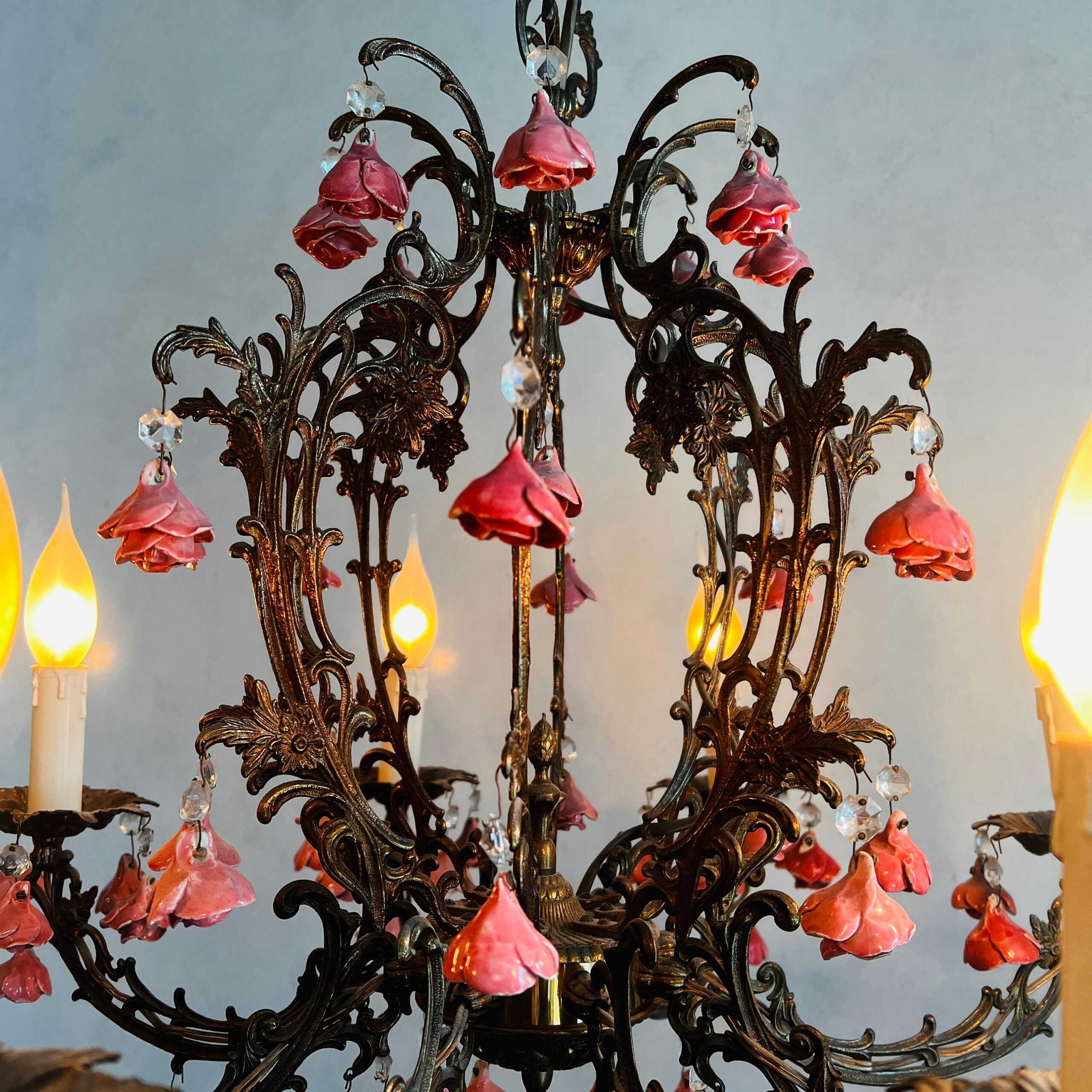 Eight Light Toleware Floral Chandelier with Pink Roses, French Country Cottage Style Ceiling Fixture, Romantic Vintage Lighting