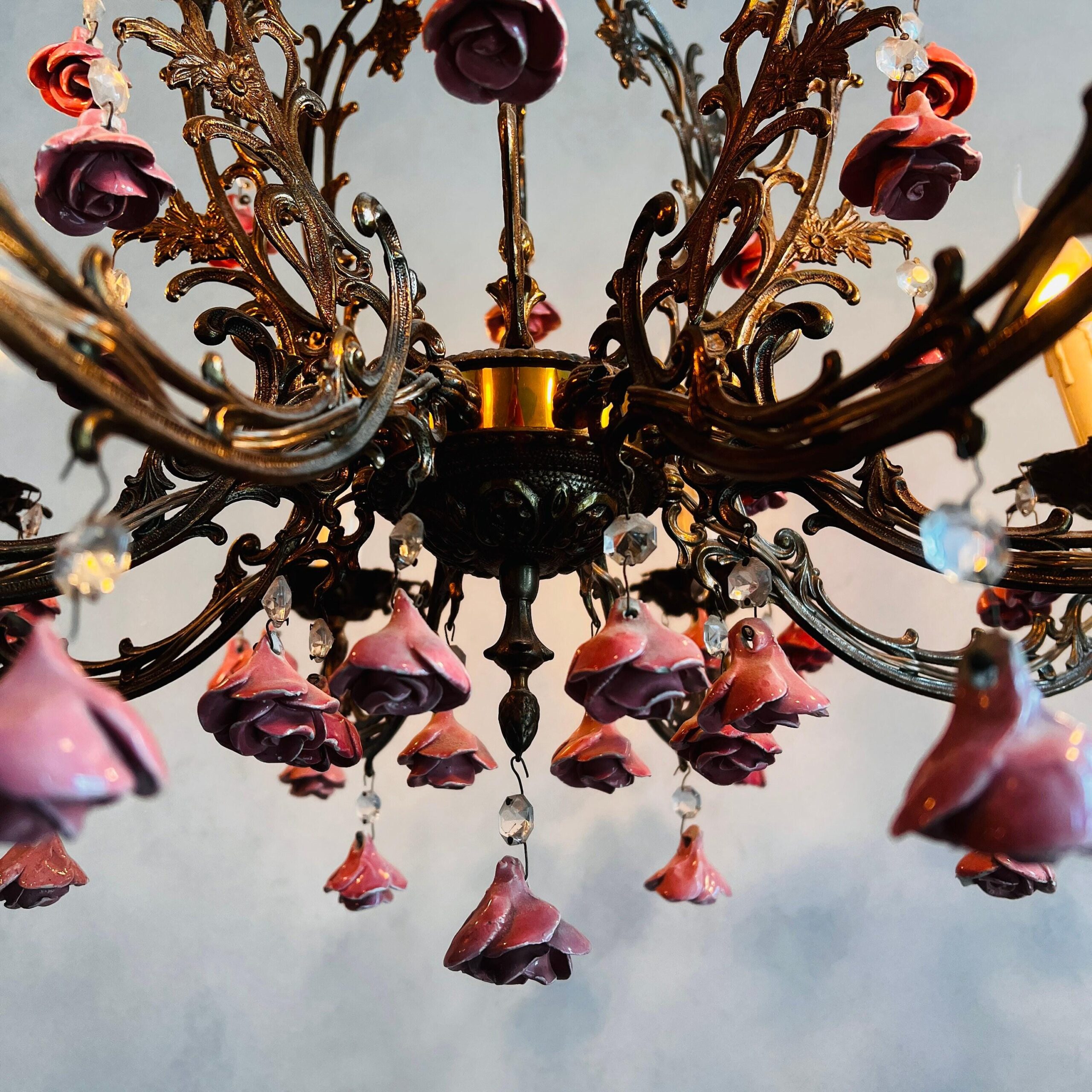 Eight Light Toleware Floral Chandelier with Pink Roses, French Country Cottage Style Ceiling Fixture, Romantic Vintage Lighting