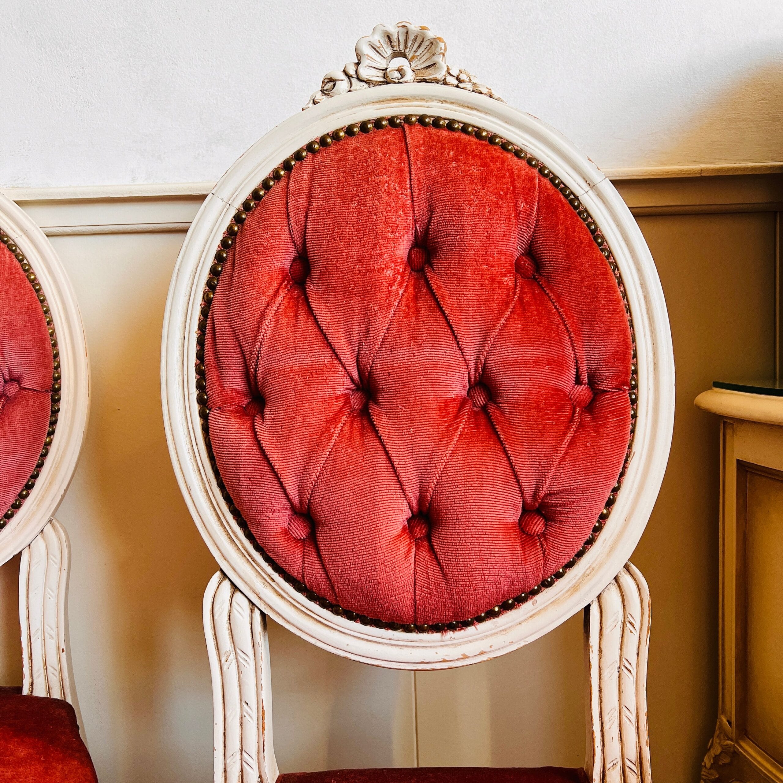 Pair of Wood Vanity Chairs with Pink Velvet, Louis XV Style Carved Bedroom Seating, Romantic 1960s French Provincial Accent