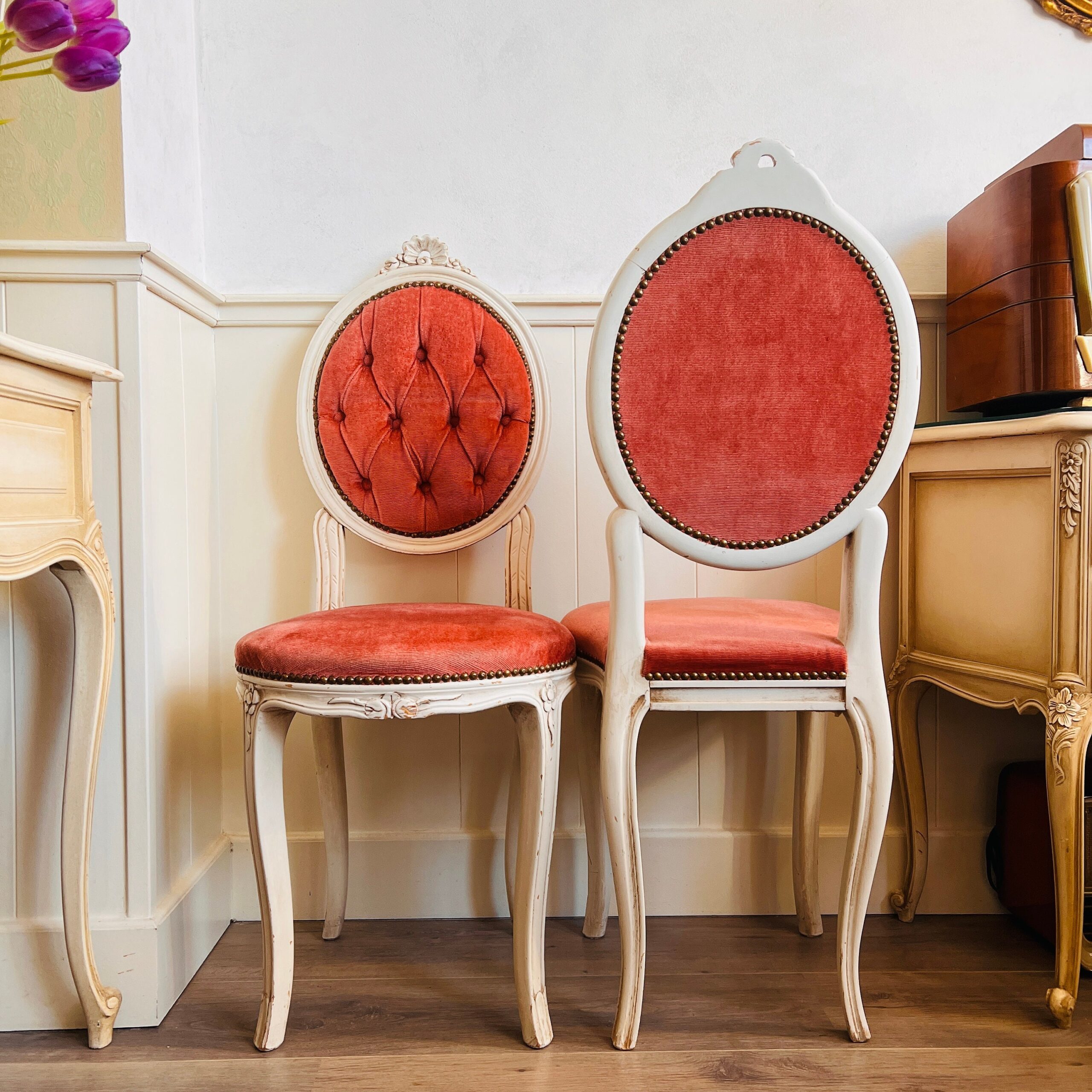 Pair of Wood Vanity Chairs with Pink Velvet, Louis XV Style Carved Bedroom Seating, Romantic 1960s French Provincial Accent