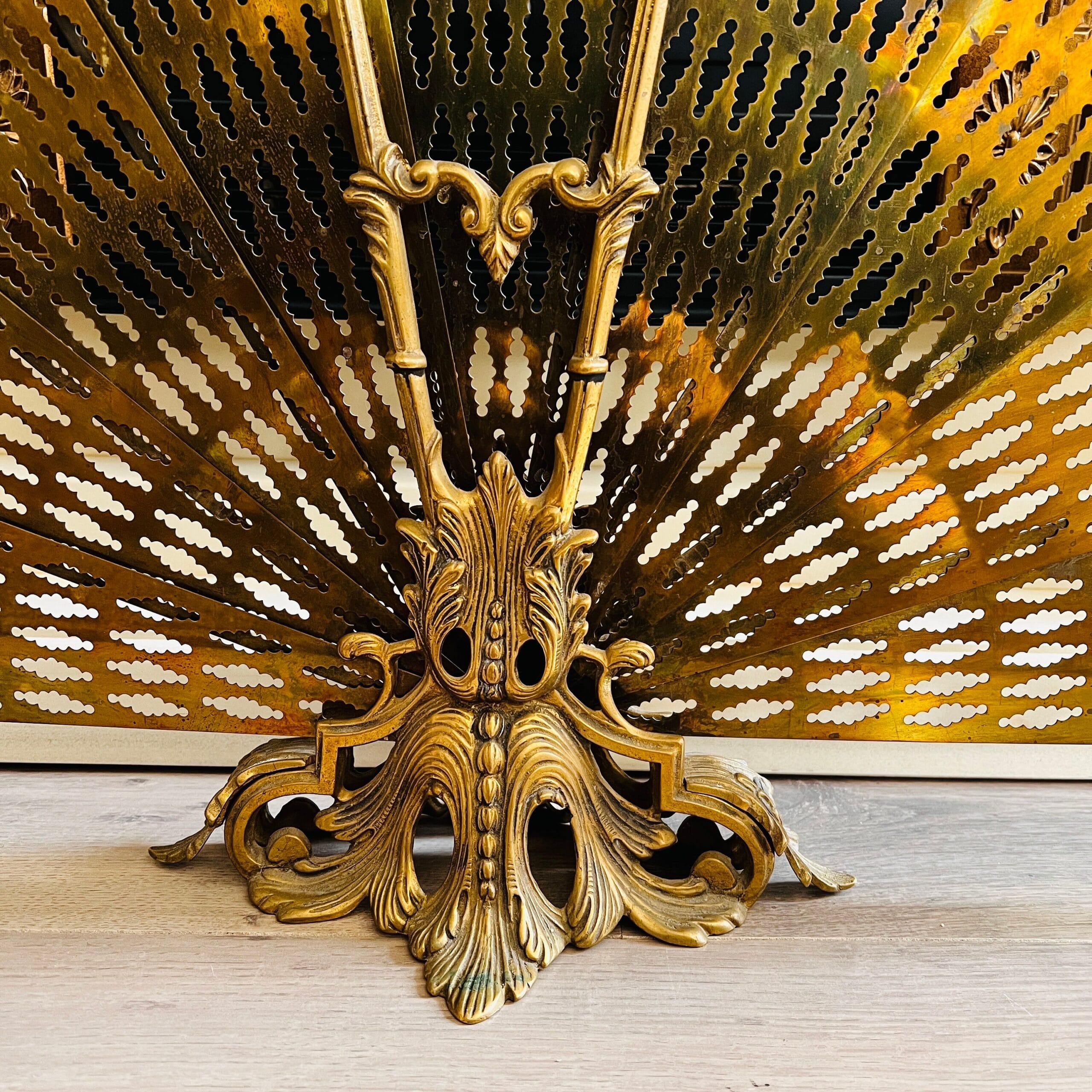 French Brass Folding Fan Fireplace Screen with Ornate Base - Early 20th Century Victorian Fire Decor Accent
