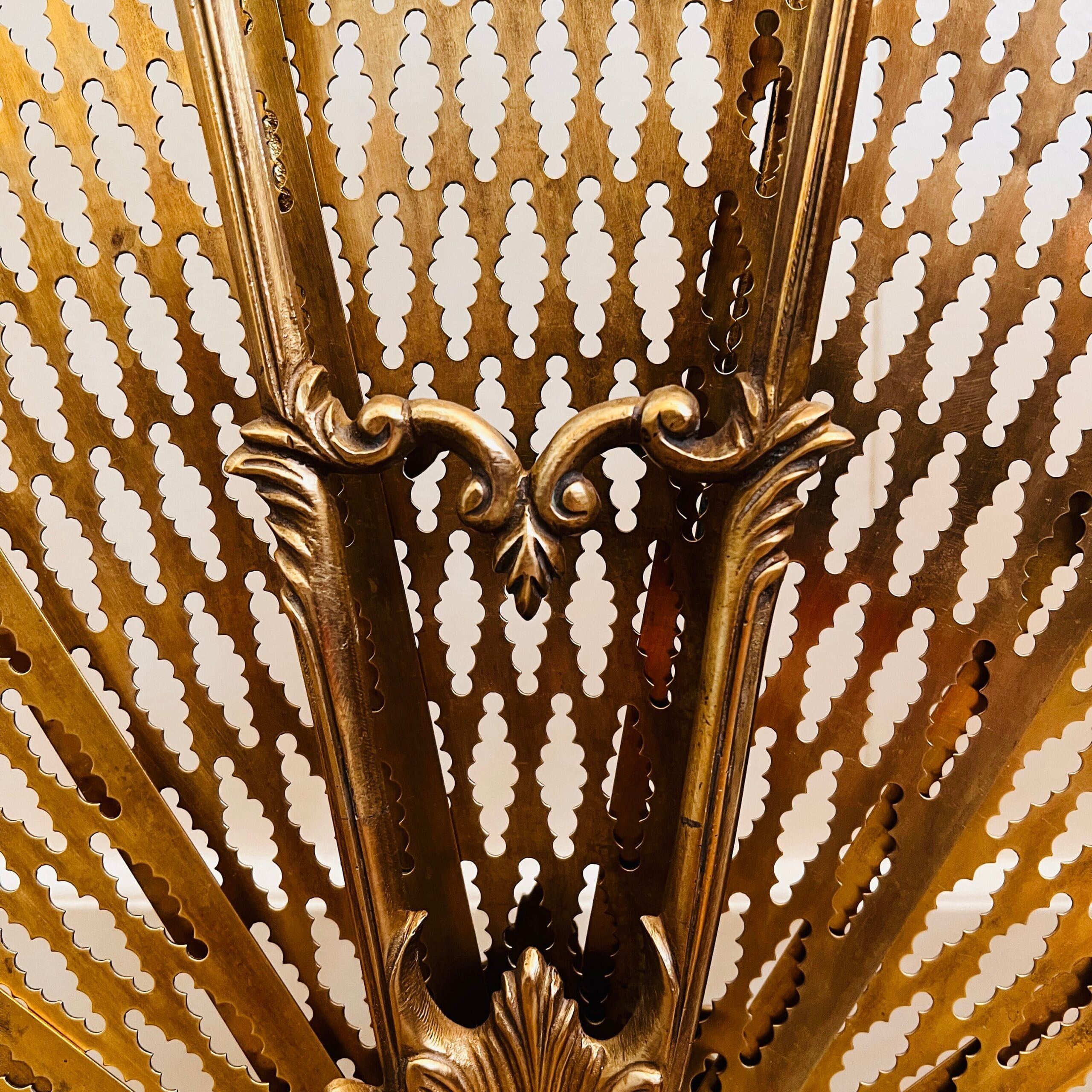 French Brass Folding Fan Fireplace Screen with Ornate Base - Early 20th Century Victorian Fire Decor Accent
