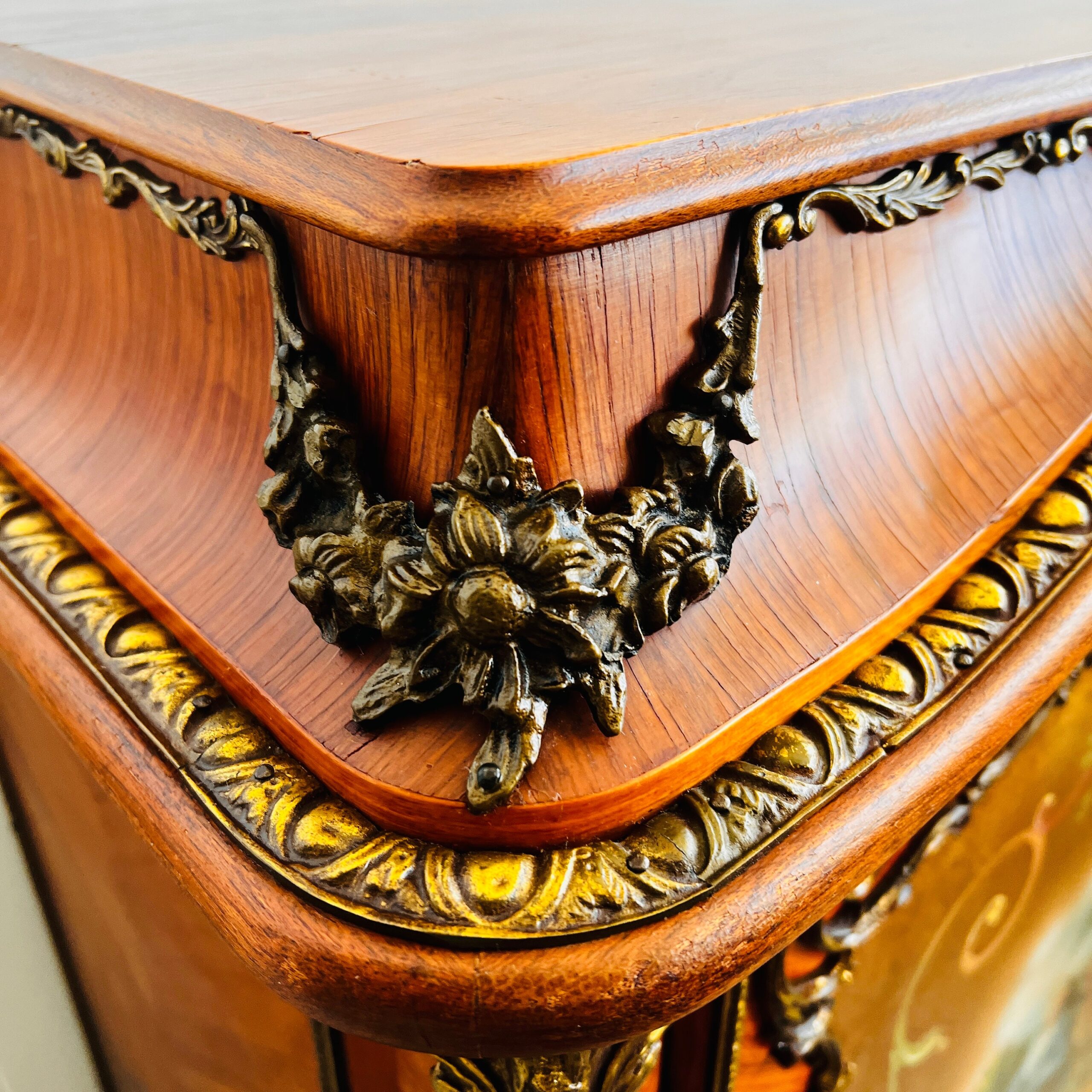 Hand-Painted Wood Cabinet with Brass Floral Details, French Country Storage, Shabby Chic Cottagecore Furniture, Signed C. Gilberto