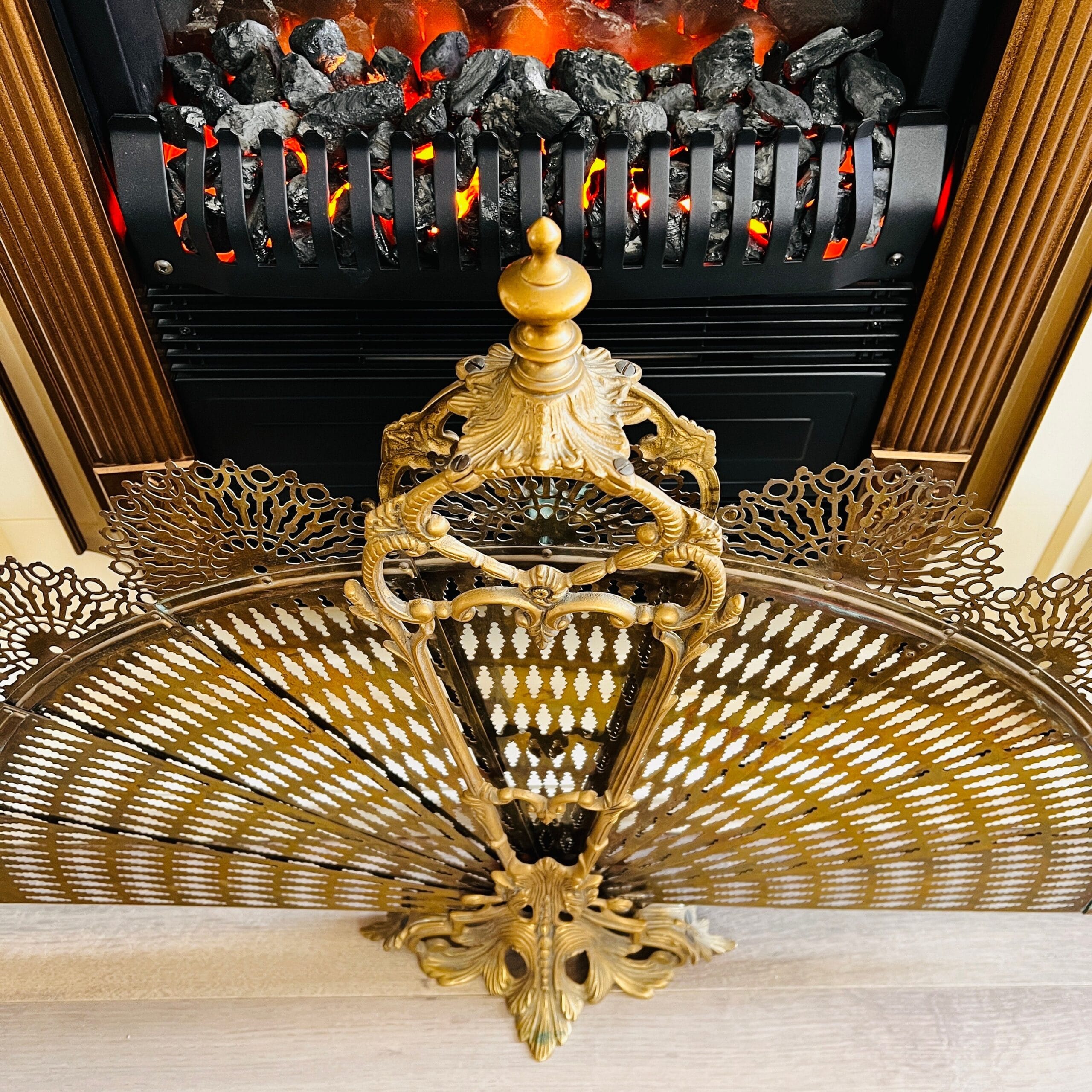 French Brass Folding Fan Fireplace Screen with Ornate Base - Early 20th Century Victorian Fire Decor Accent