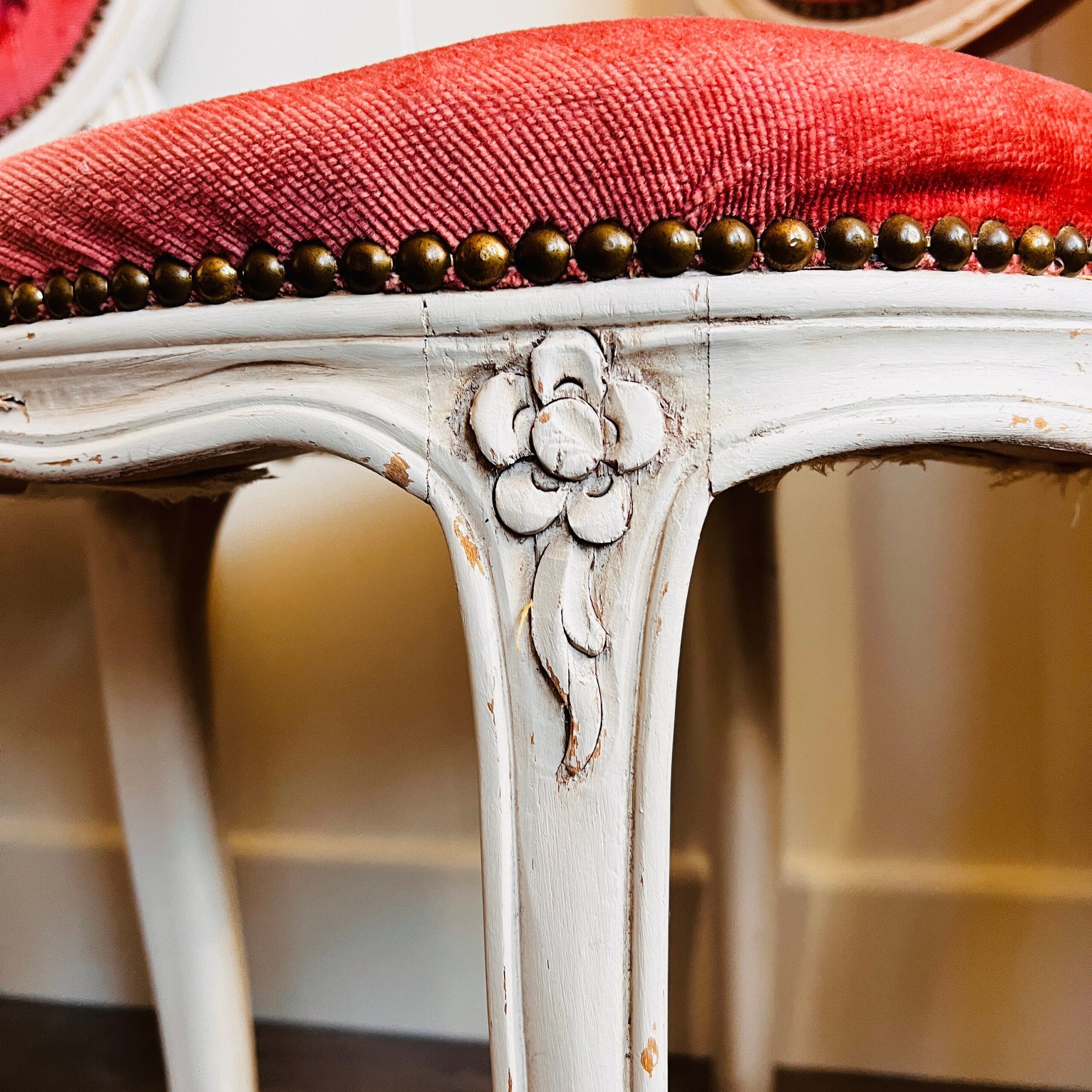 Pair of Wood Vanity Chairs with Pink Velvet, Louis XV Style Carved Bedroom Seating, Romantic 1960s French Provincial Accent