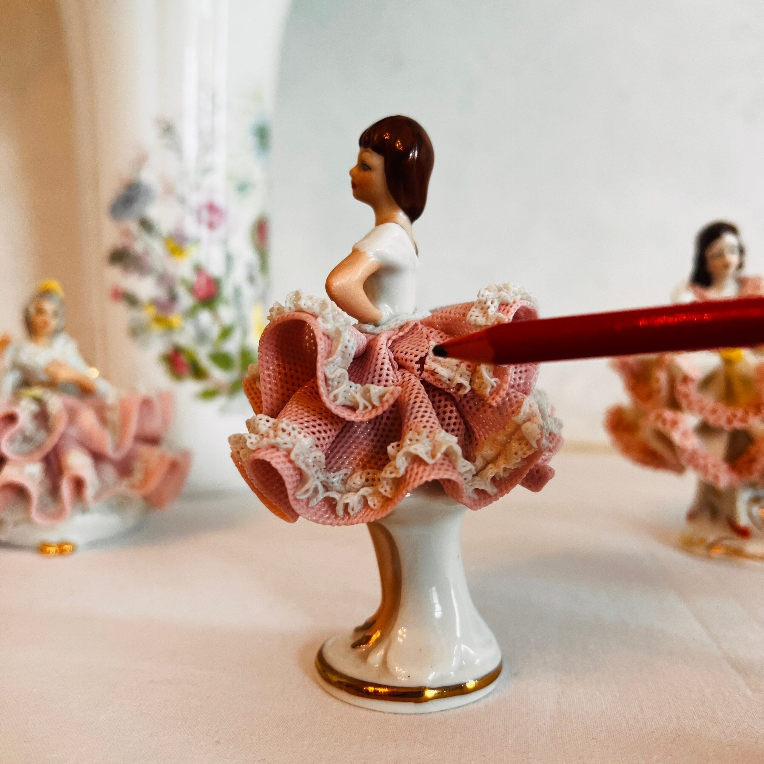 Porcelain Ballerina Figurine with Dresden Lace, Victorian Style Vanity Decor, Made in Germany, Collectible Gift Display Piece