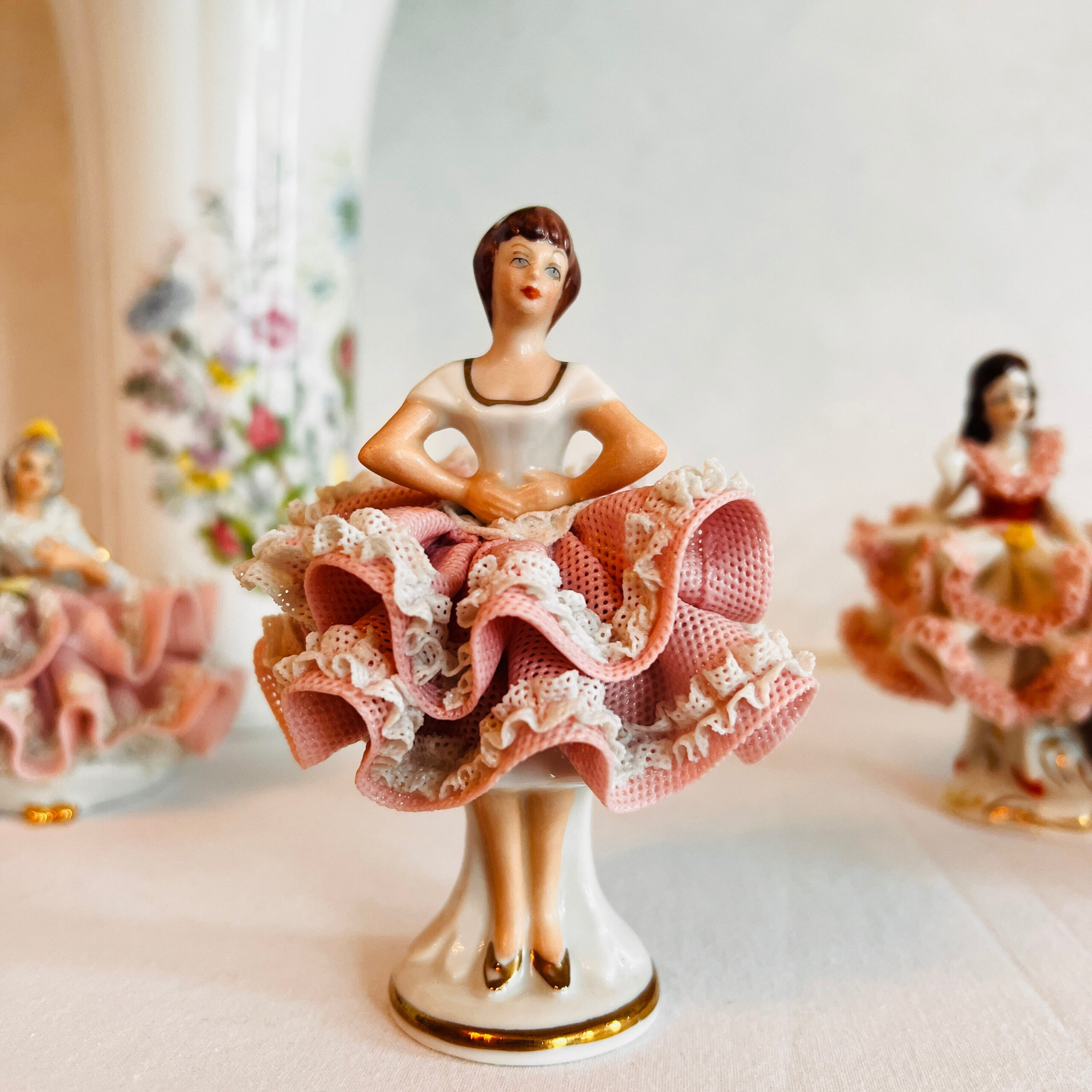 Porcelain Ballerina Figurine with Dresden Lace, Victorian Style Vanity Decor, Made in Germany, Collectible Gift Display Piece