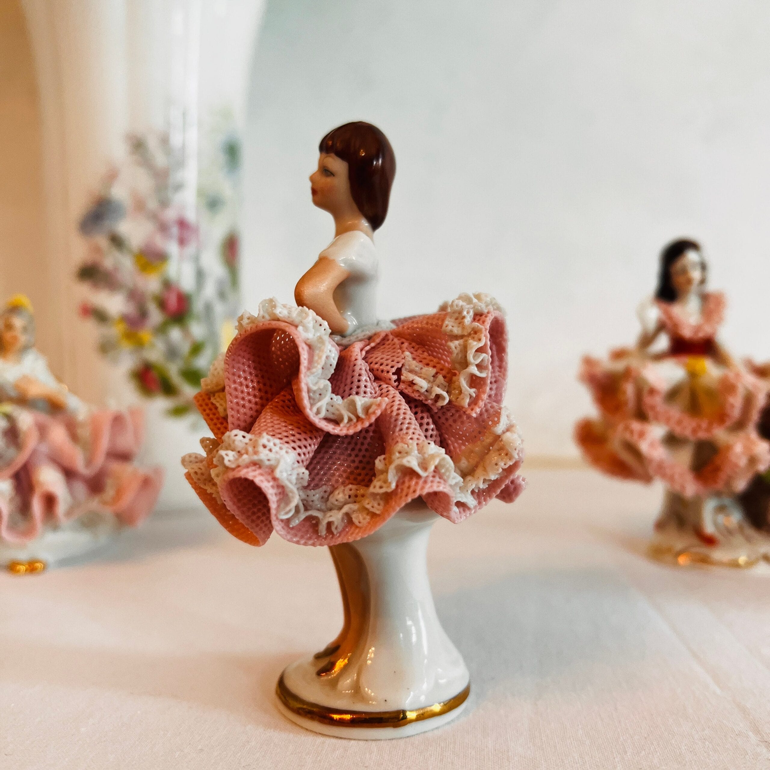 Porcelain Ballerina Figurine with Dresden Lace, Victorian Style Vanity Decor, Made in Germany, Collectible Gift Display Piece