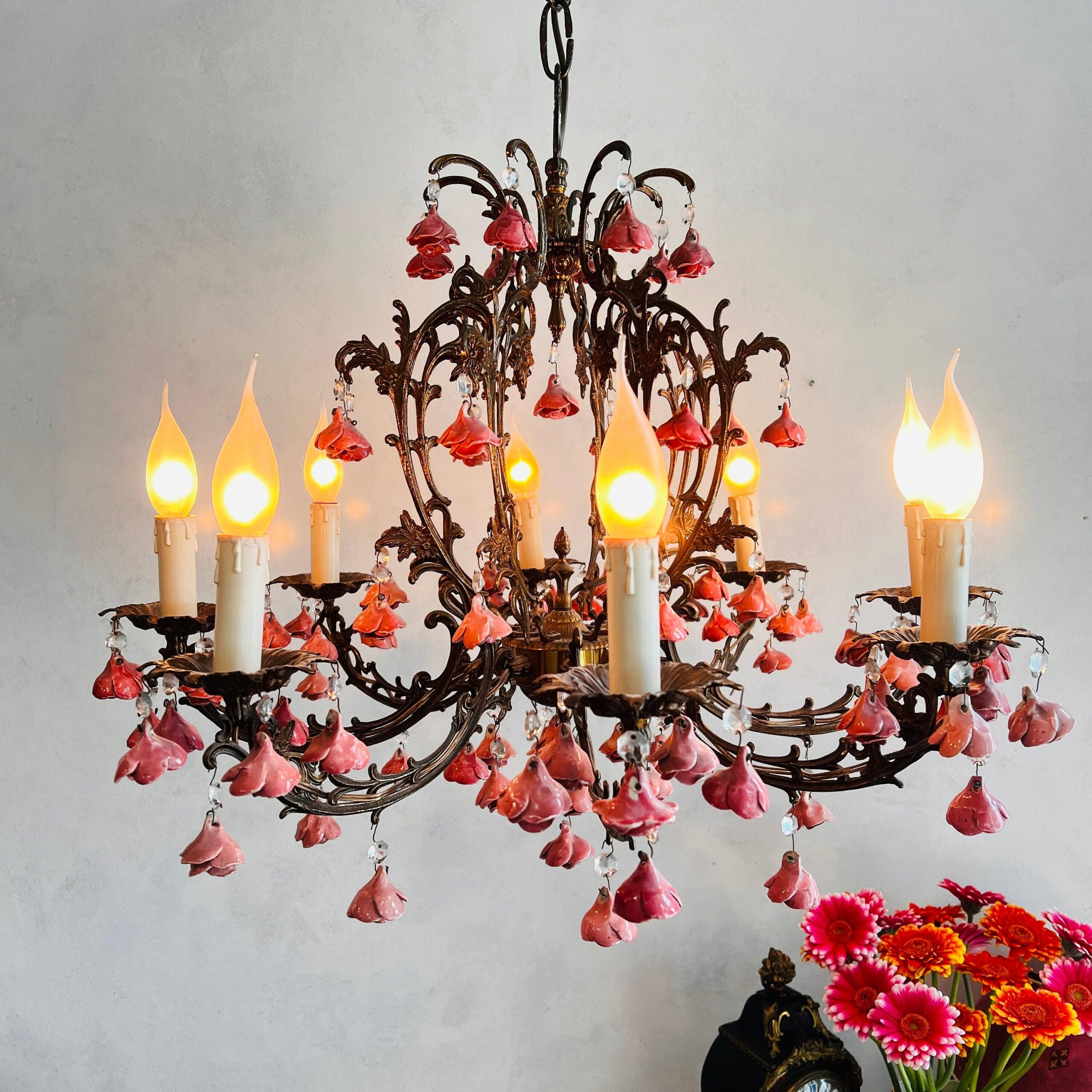 Eight Light Toleware Floral Chandelier with Pink Roses, French Country Cottage Style Ceiling Fixture, Romantic Vintage Lighting
