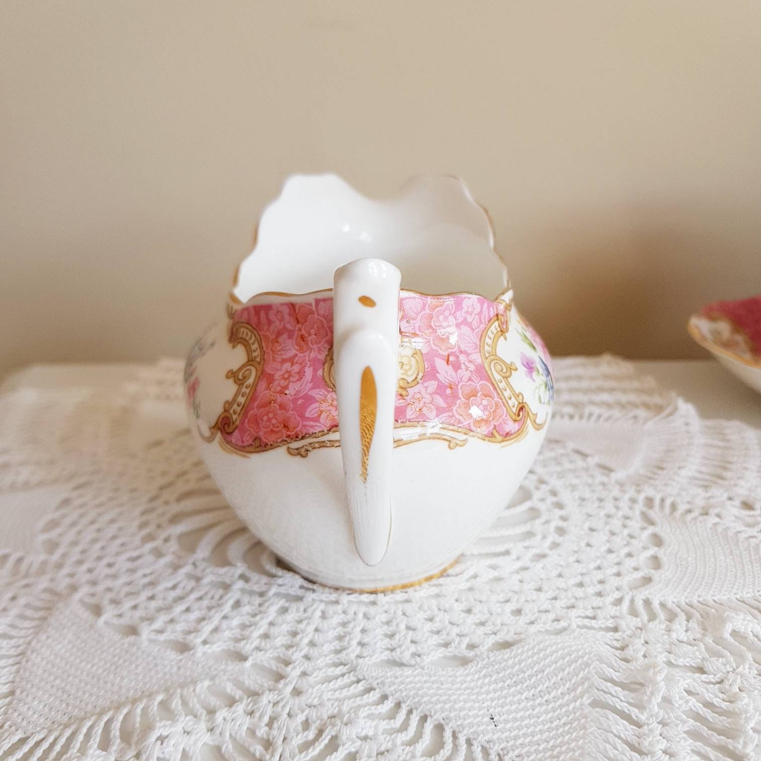 Royal Albert bone china gravy boat with pink floral sprays, Lady Carlyle pattern, gold trim, sauce jug, made in England