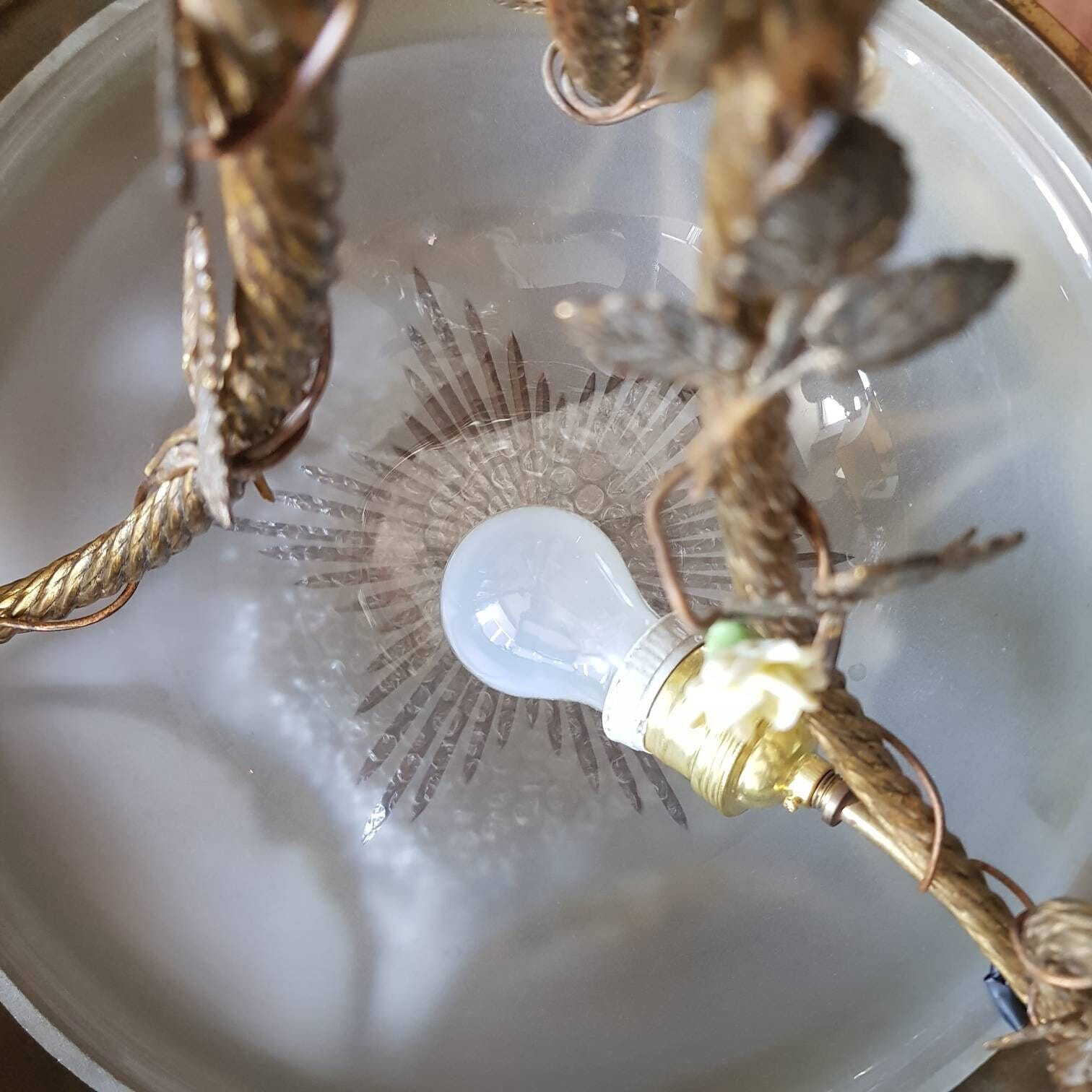 Art Deco Bronze Chandelier with Vianne Frosted Pink Glass Shades and Dome Light, French Pendant Lamp, 1930s Lighting