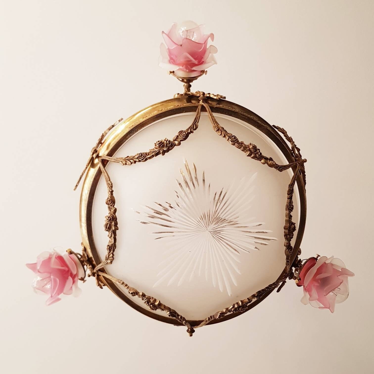 Art Deco Bronze Chandelier with Vianne Frosted Pink Glass Shades and Dome Light, French Pendant Lamp, 1930s Lighting