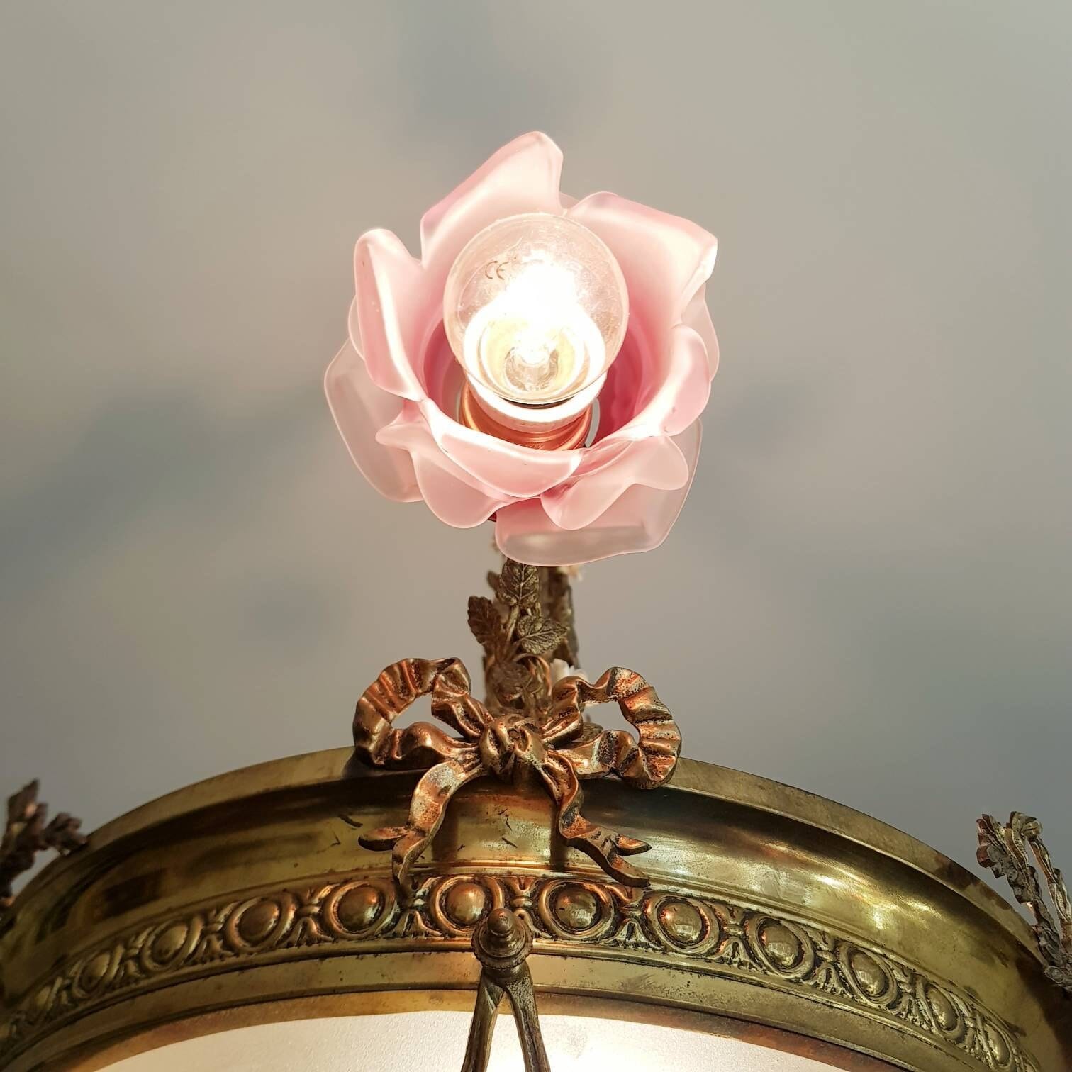 Art Deco Bronze Chandelier with Vianne Frosted Pink Glass Shades and Dome Light, French Pendant Lamp, 1930s Lighting