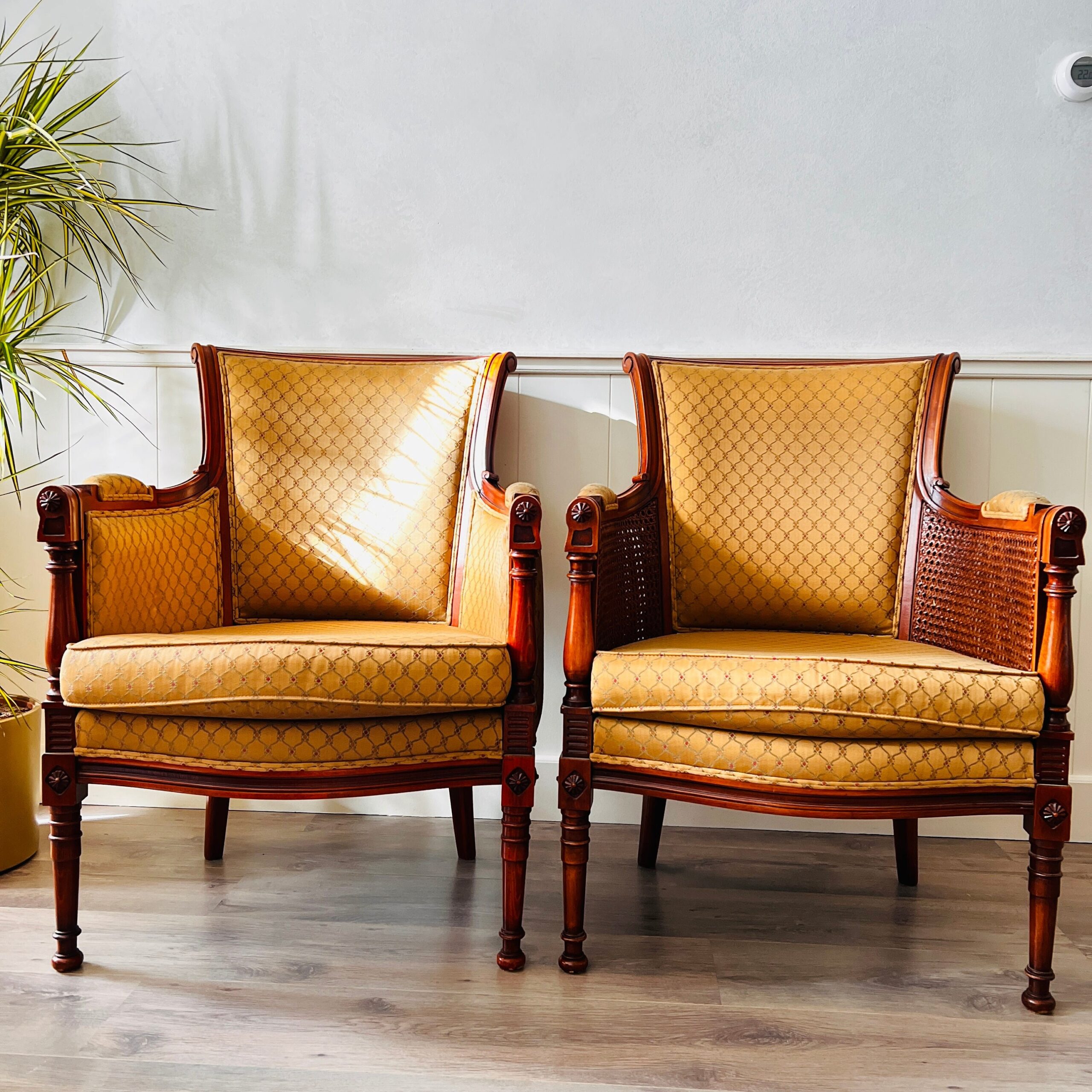 French Louis XVI cane and wood bergère chairs, elegant armchairs with wraparound arms, vintage pair for curated living spaces