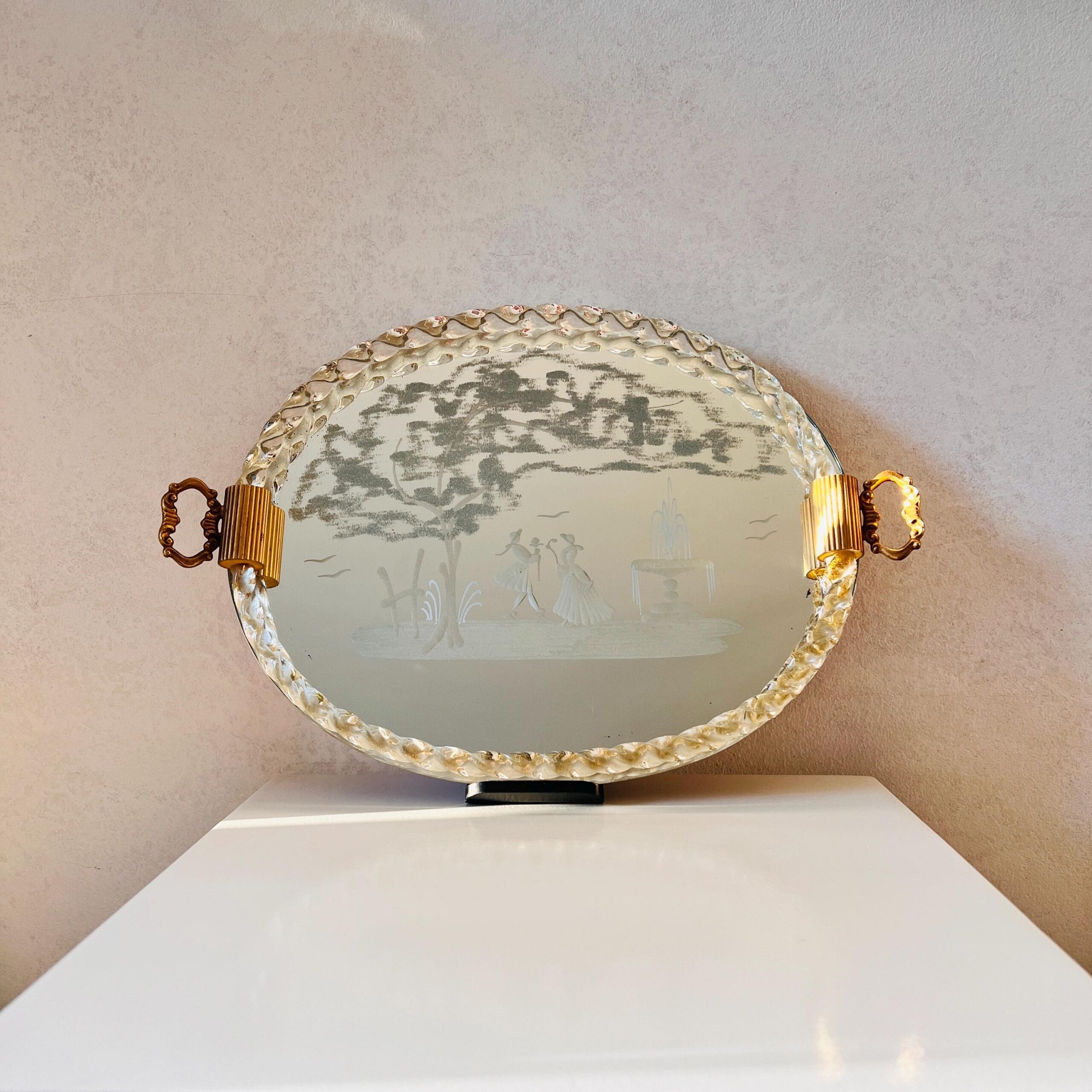 Murano Glass Mirror Tray with Gold Leaf Handles, Etched Pastoral Scene, Art Deco Vanity or Serving Tray, Circa 1950 Decor oGoodieShop Murano Glass Mirror Tray with Gold Leaf Handles, Etched Pastoral Scene, Art Deco Vanity or Serving Tray, Circa 1950 Decor oGoodieShop