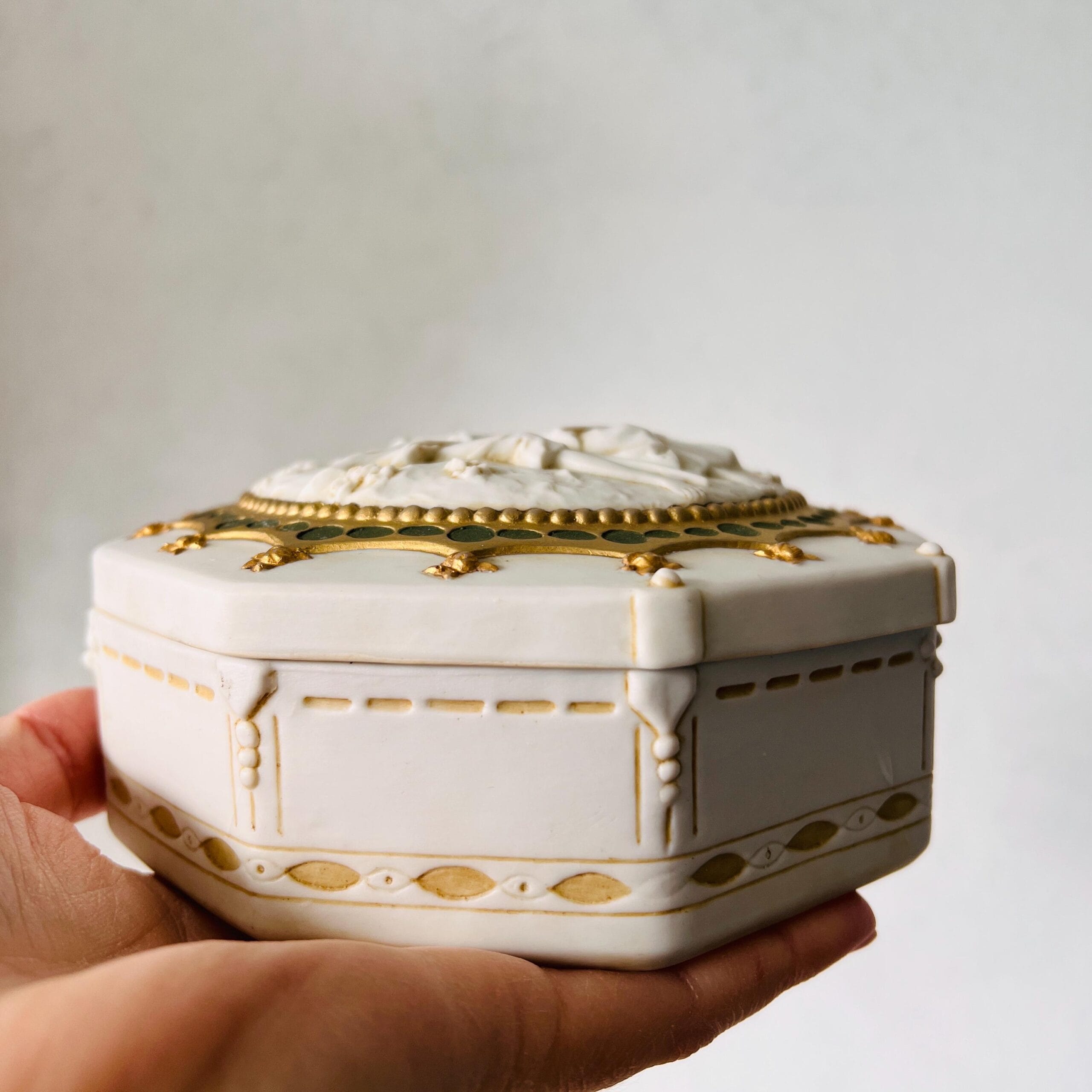 Biscuit Porcelain Jewelry Box with Lid, Hexagonal German Trinket Holder by E. and A. Müller, White Keepsake Case, Elegant Vintage Decor