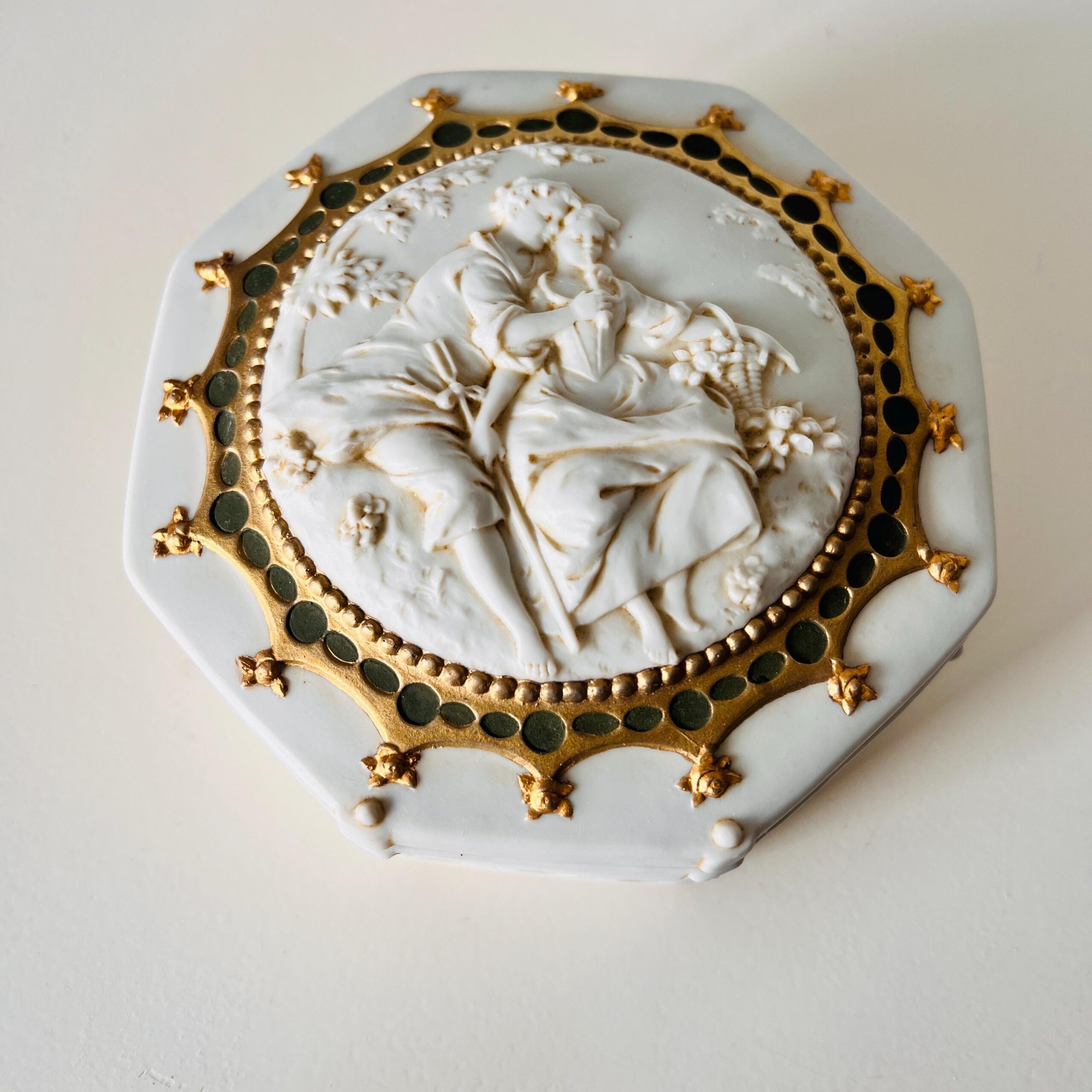 Biscuit Porcelain Jewelry Box with Lid, Hexagonal German Trinket Holder by E. and A. Müller, White Keepsake Case, Elegant Vintage Decor