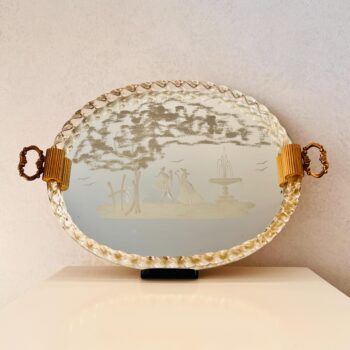 duplicate - Murano Glass Mirror Tray – Oval Vanity Display, Gilded Filigree Handles, Mid Century Italian Décor