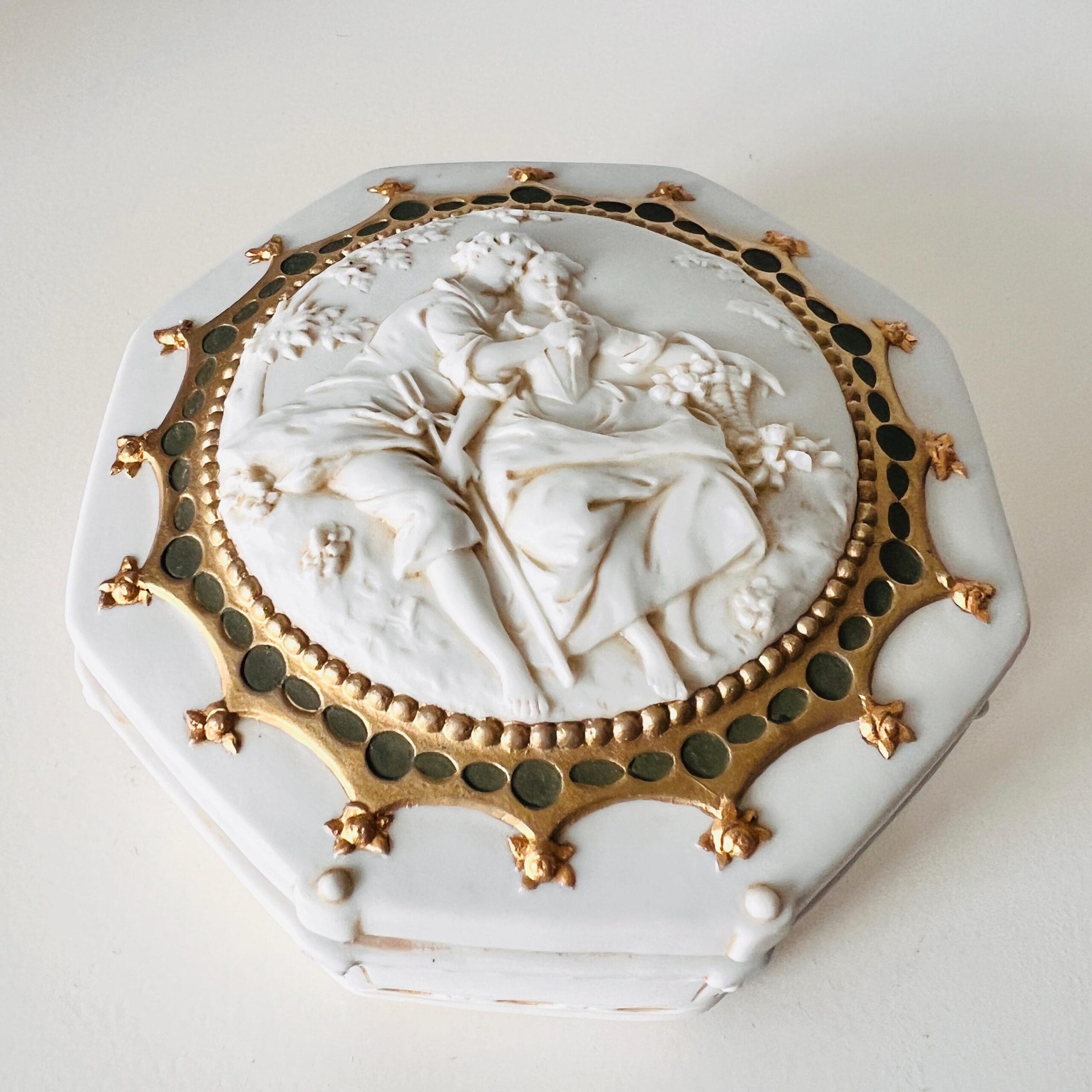 Biscuit Porcelain Jewelry Box with Lid, Hexagonal German Trinket Holder by E. and A. Müller, White Keepsake Case, Elegant Vintage Decor